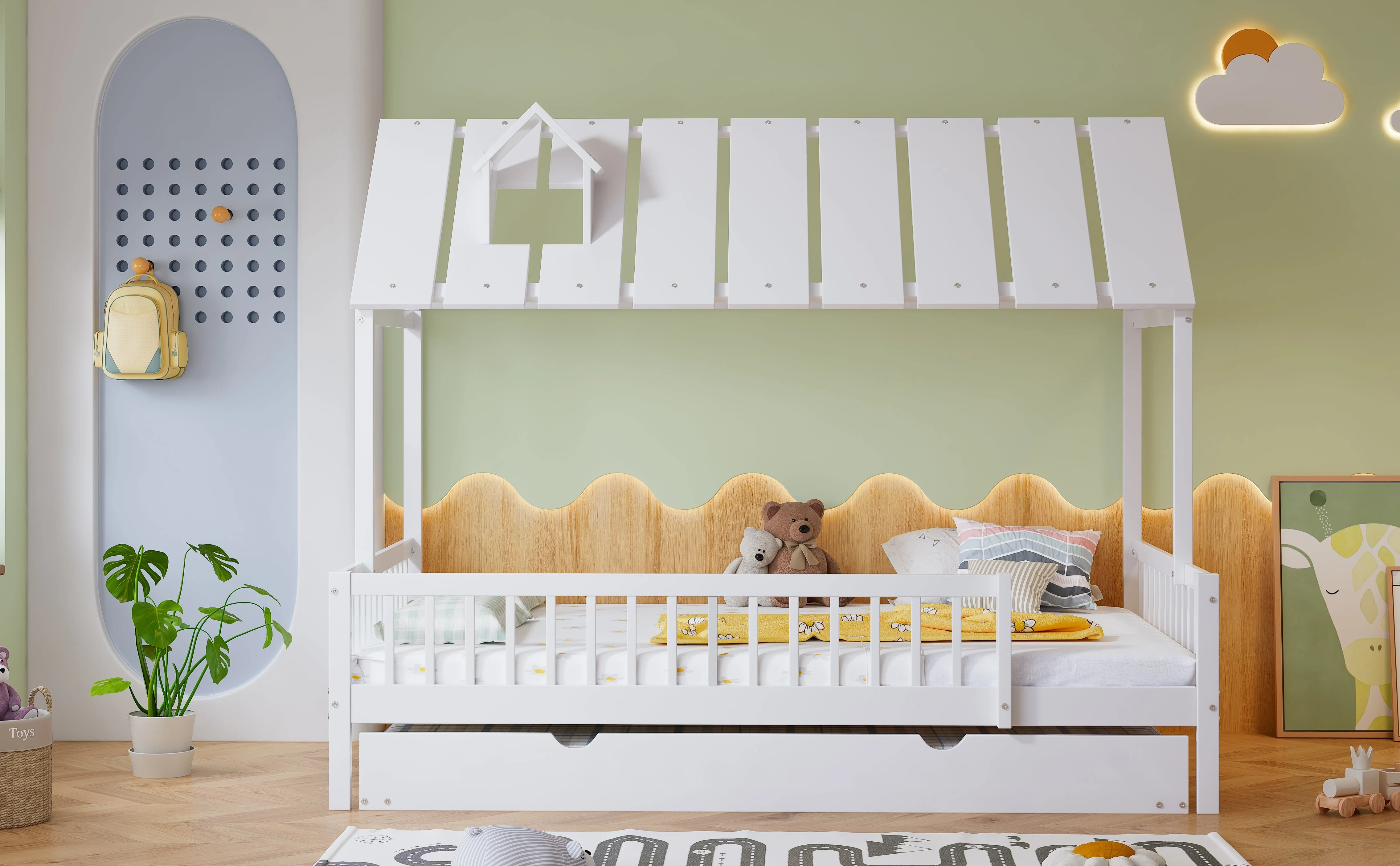 House Bed, Trundle Bed with Chimney, 3-Sided Rail, Pine+MDF, White - Image 5