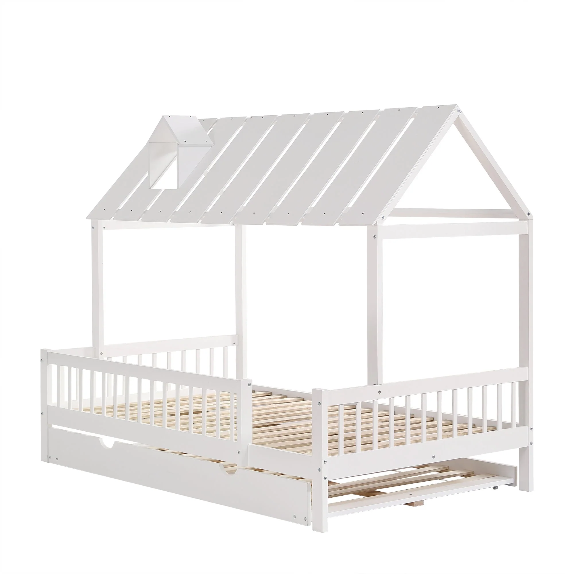 House Bed, Trundle Bed with Chimney, 3-Sided Rail, Pine+MDF, White - Image 8