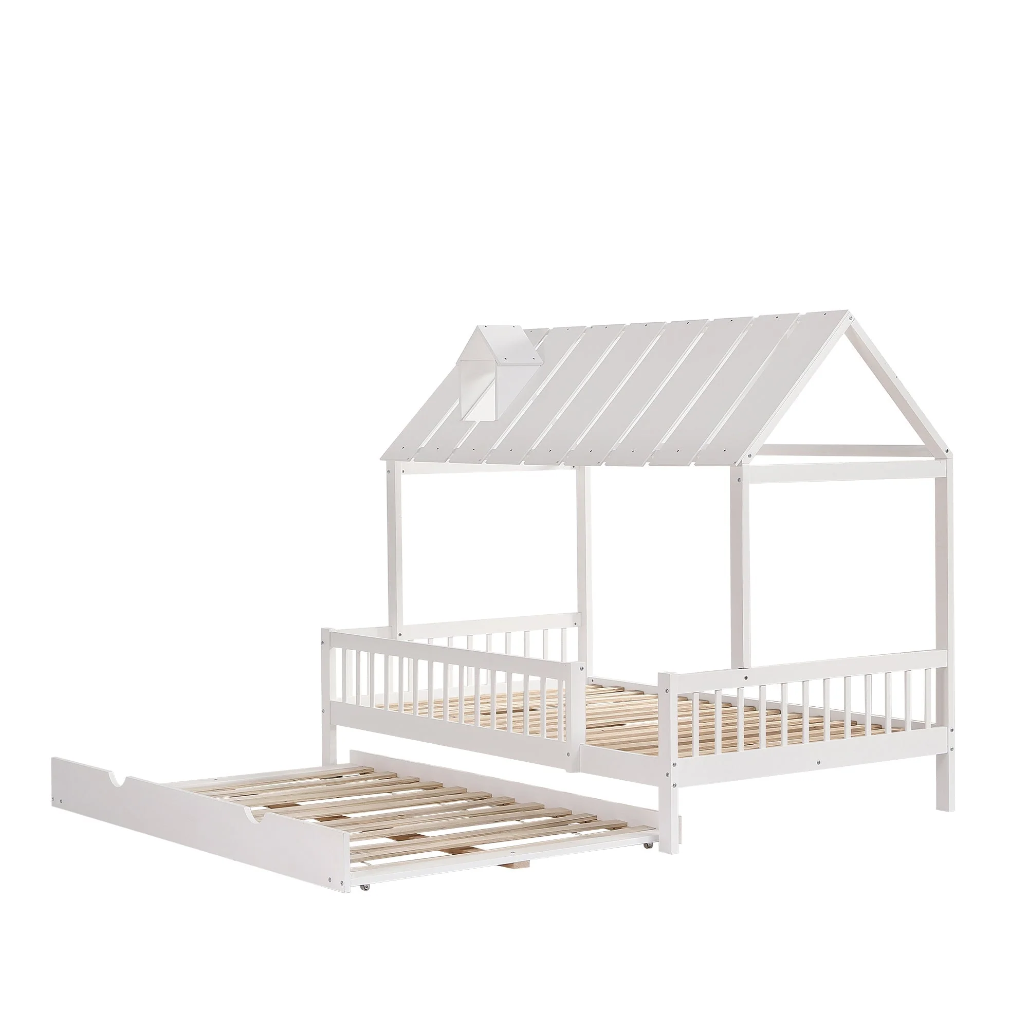 House Bed, Trundle Bed with Chimney, 3-Sided Rail, Pine+MDF, White - Image 9
