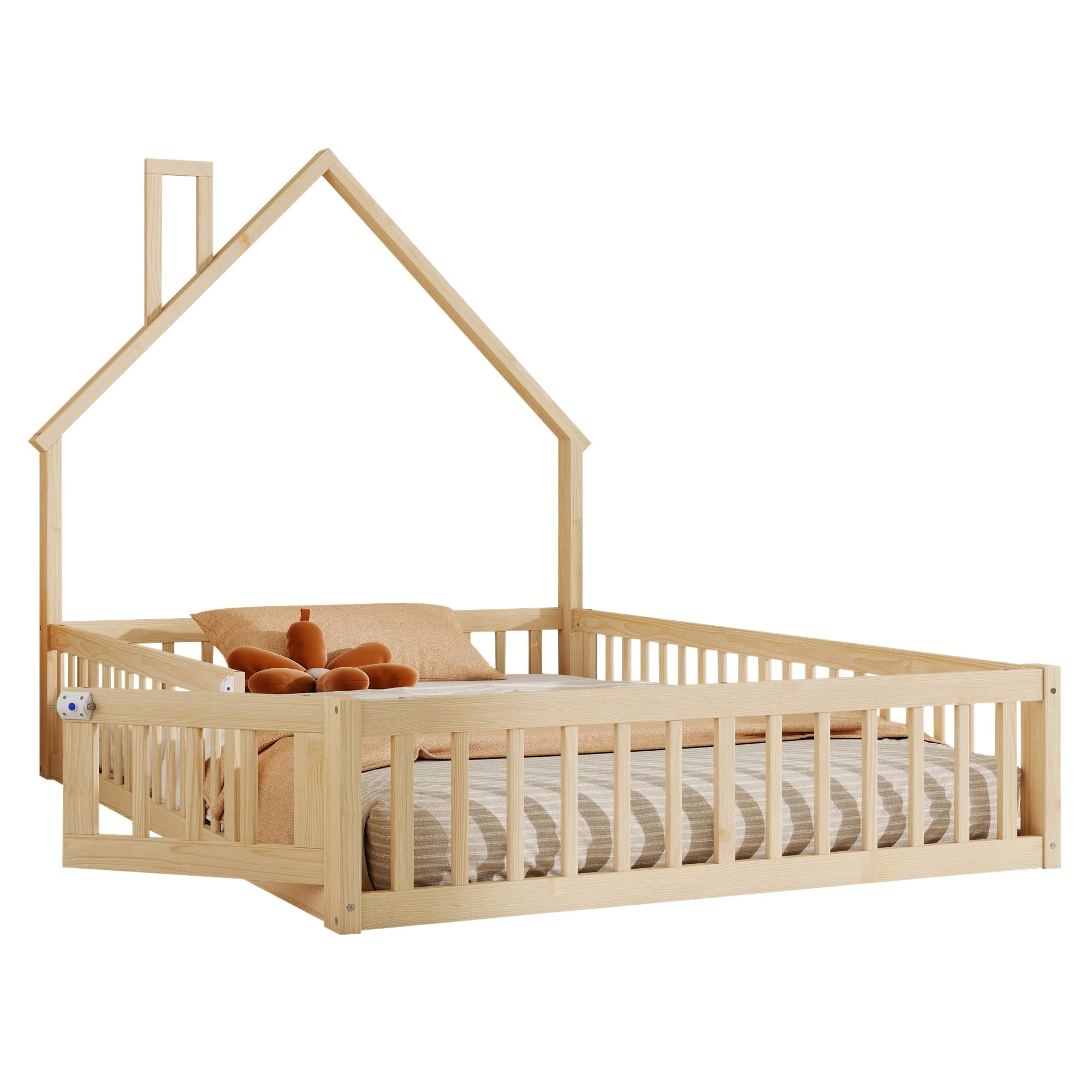 House Bed with Chimney Shape and Slatted Base, 140x190cm, Natural Pine Wood - Image 5