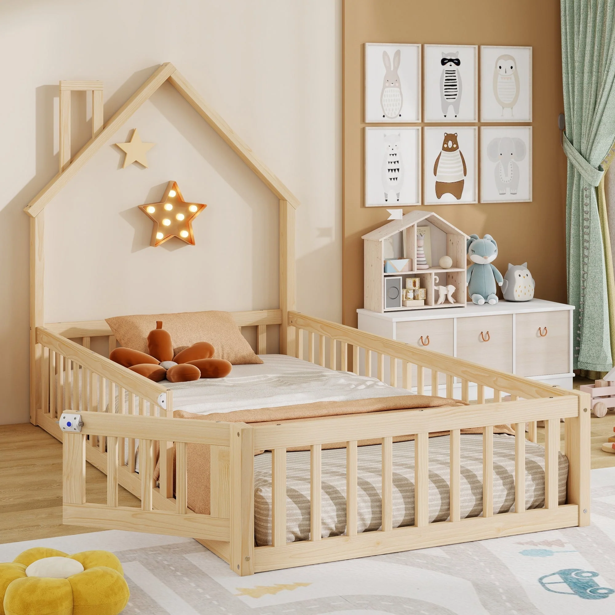 House Bed with Chimney Shape and Slatted Base, 90x200cm, Natural Pine Wood - Image 2