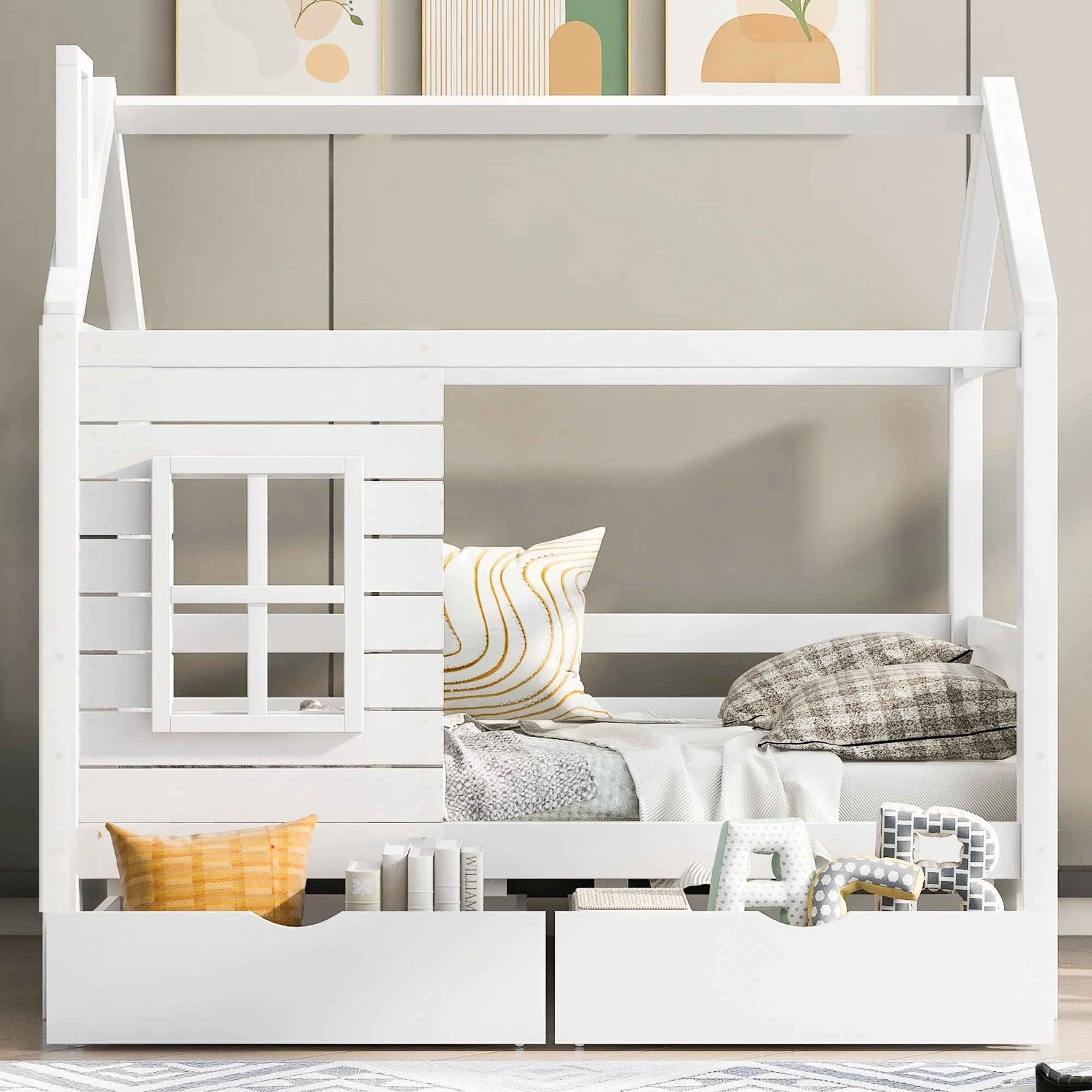 House Bed with Fall Protection, Window and Slatted Base, 80x160cm, White Solid Wood - Image 2