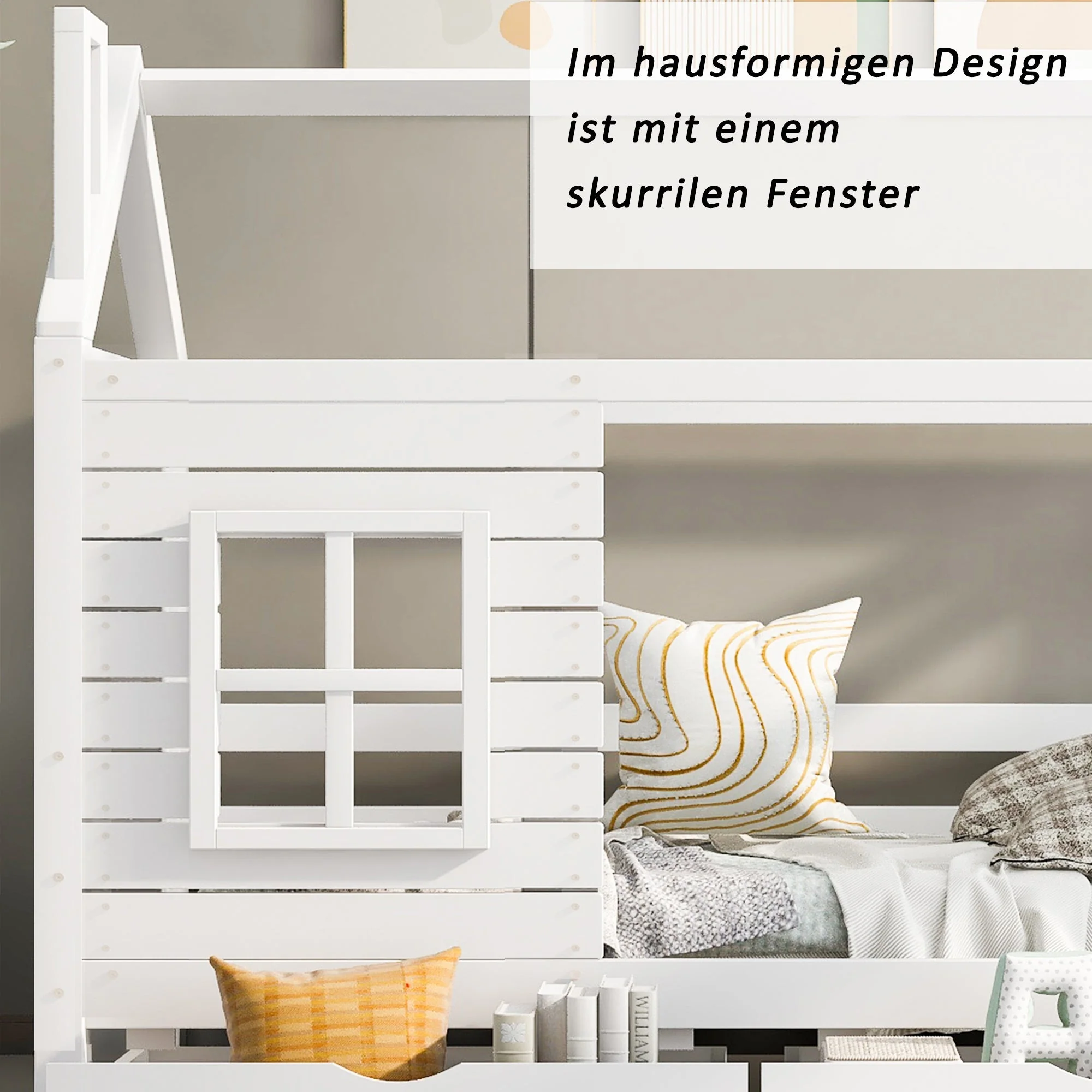 House Bed with Fall Protection, Window and Slatted Base, 80x160cm, White Solid Wood - Image 7