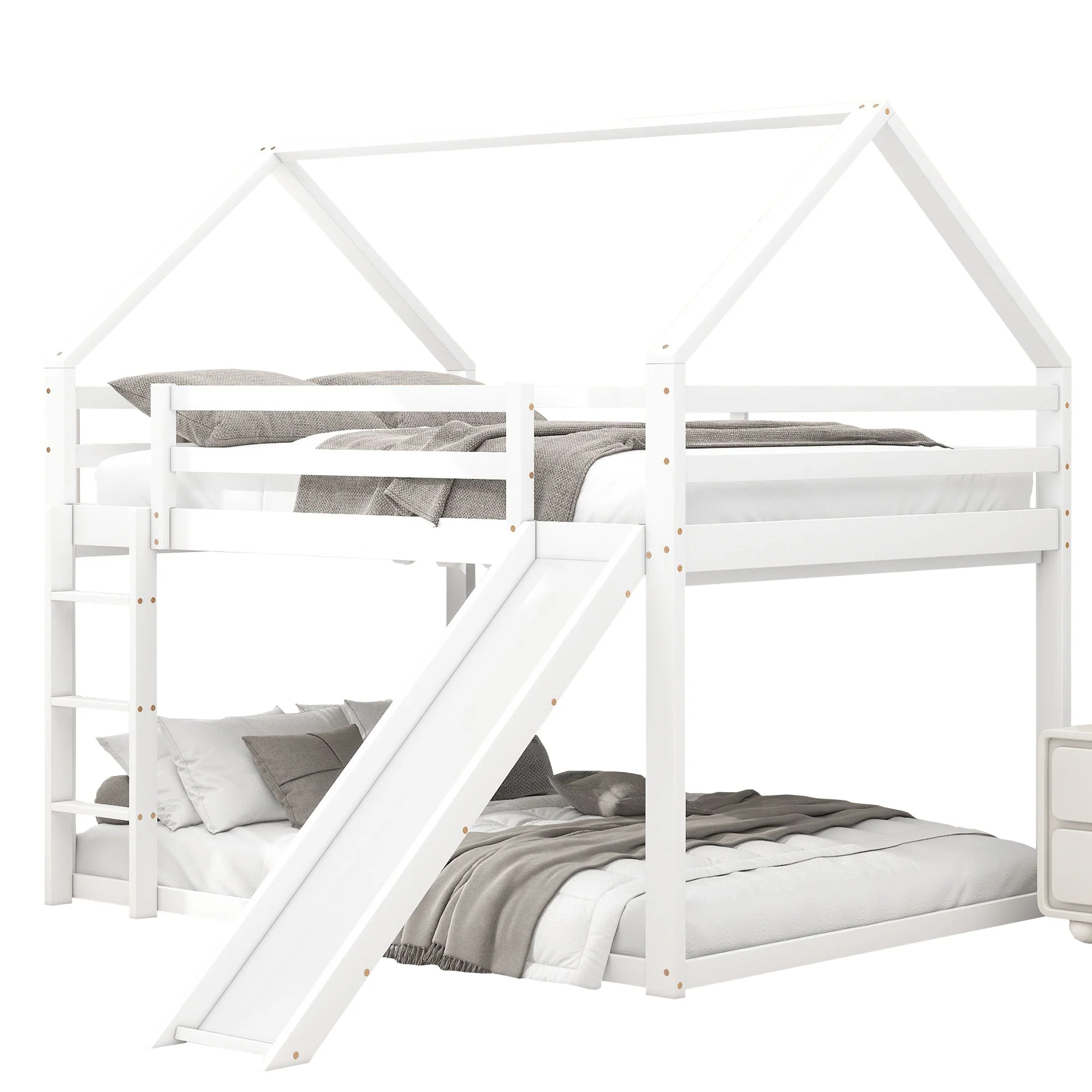 House Bunk Bed 140x200cm Double with Slide & Ladder - White - Image 5
