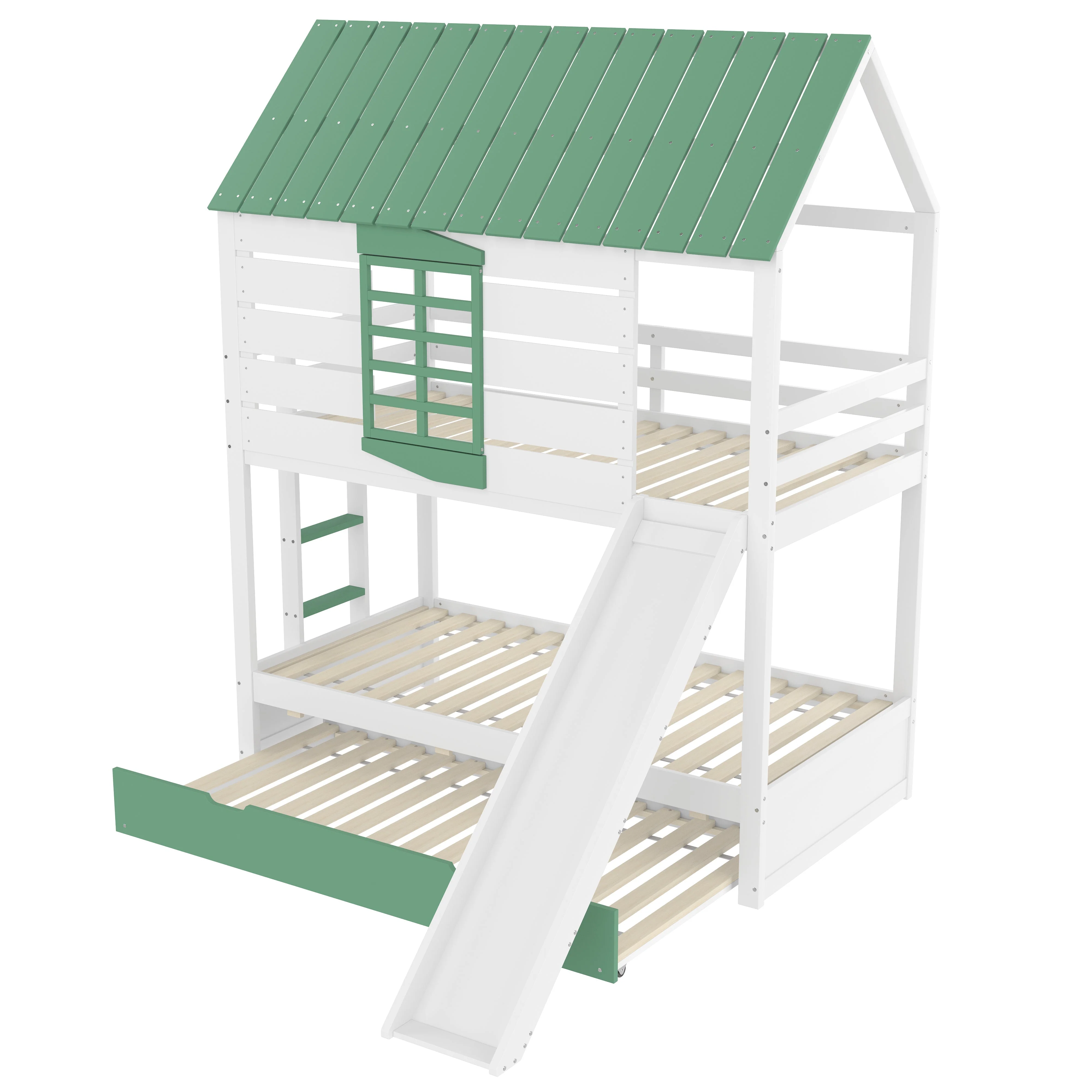 House Bunk Bed, 90X200 with Slide and Pull-Out Bed, White+Green - Image 8