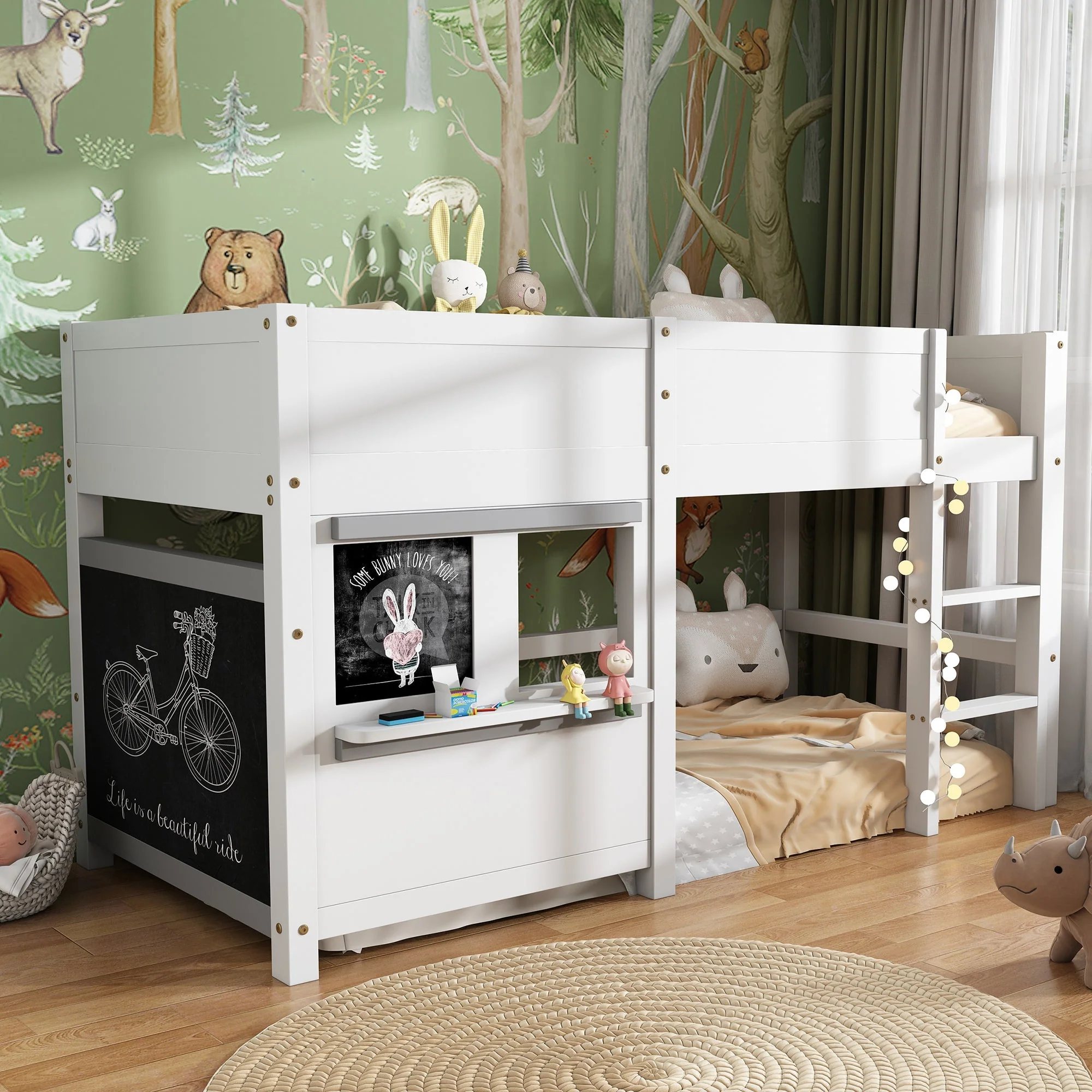 House Bunk Bed 90x200cm Graffiti Boards Small Shelf - White - Image 3