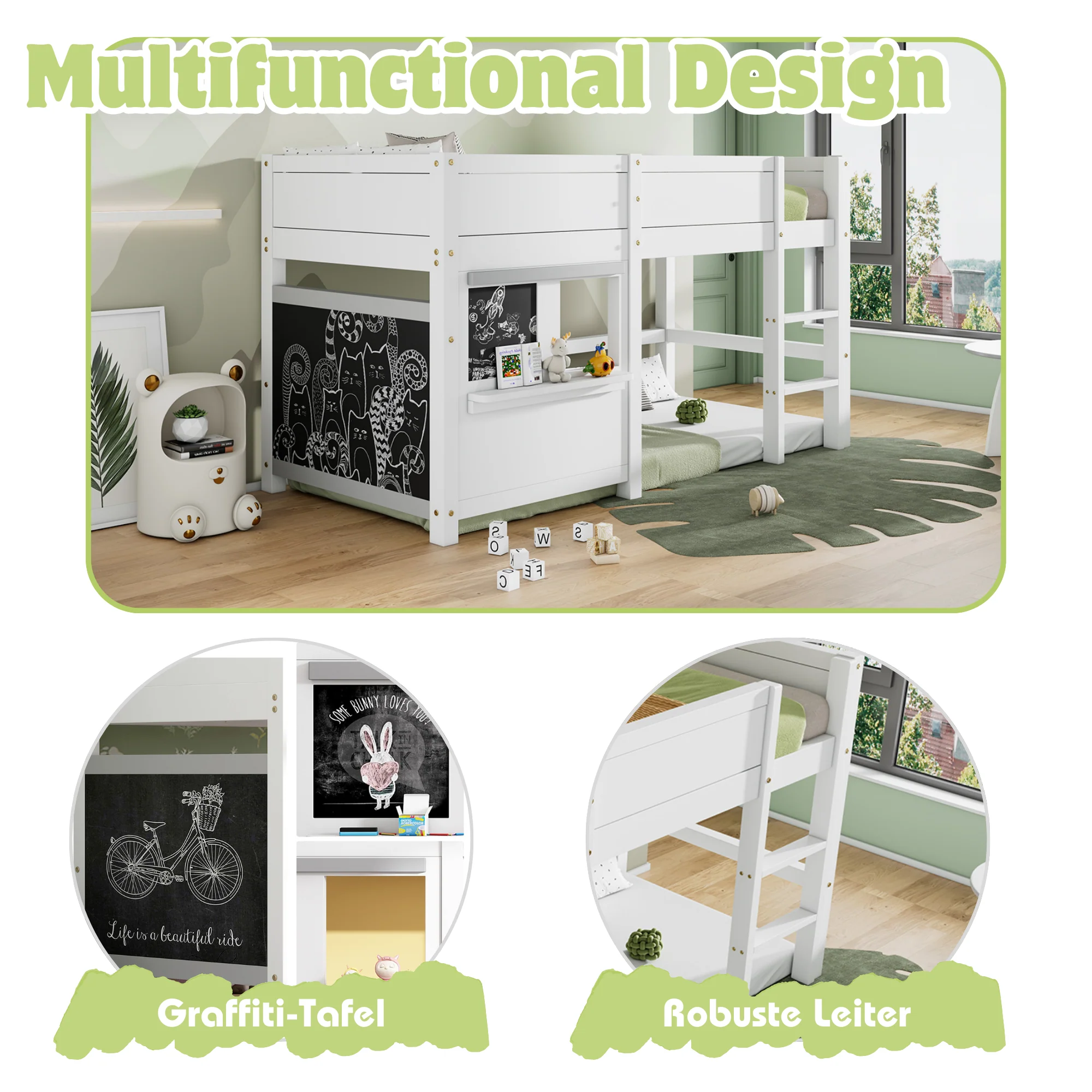 House Bunk Bed 90x200cm Graffiti Boards Small Shelf - White - Image 4