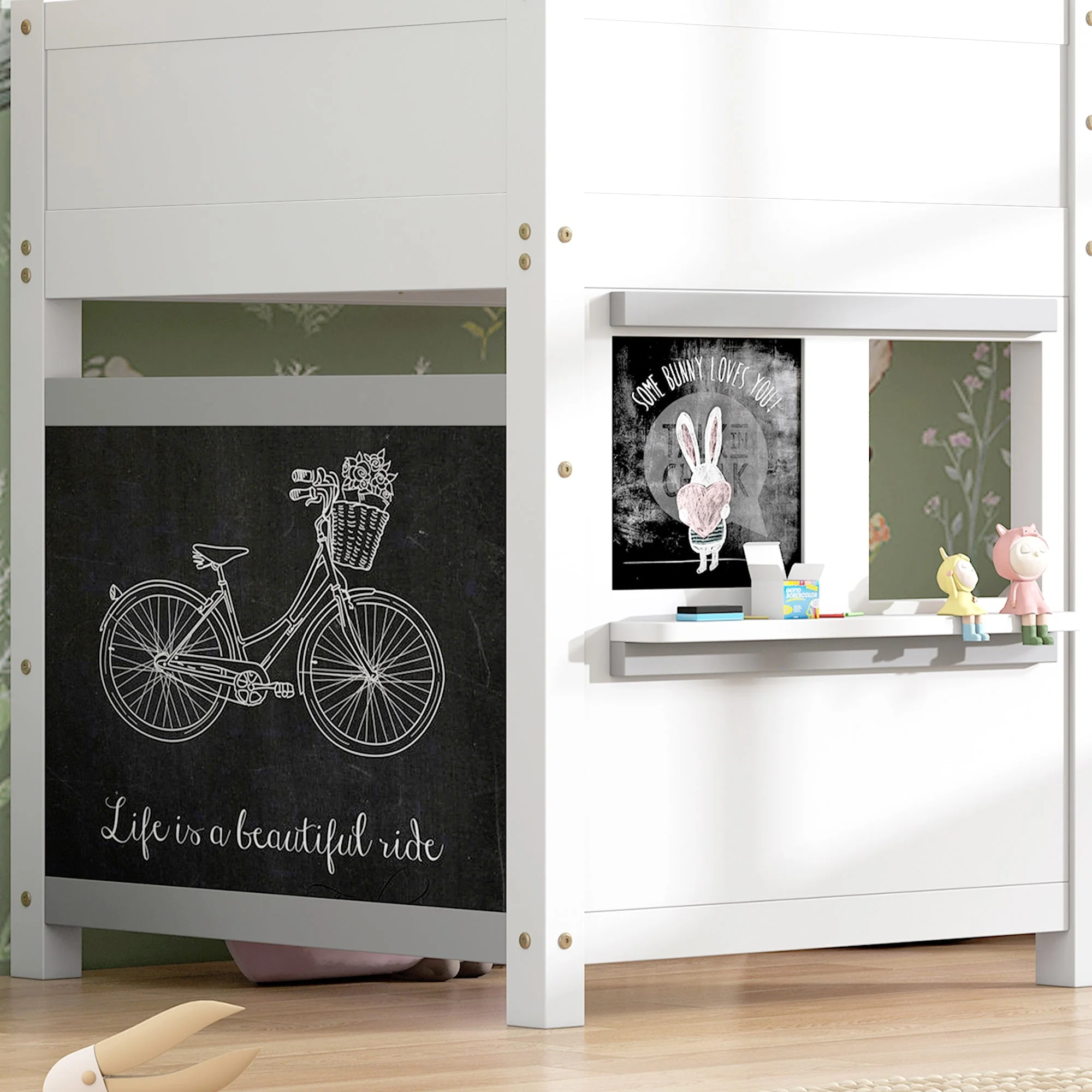 House Bunk Bed 90x200cm Graffiti Boards Small Shelf - White - Image 6