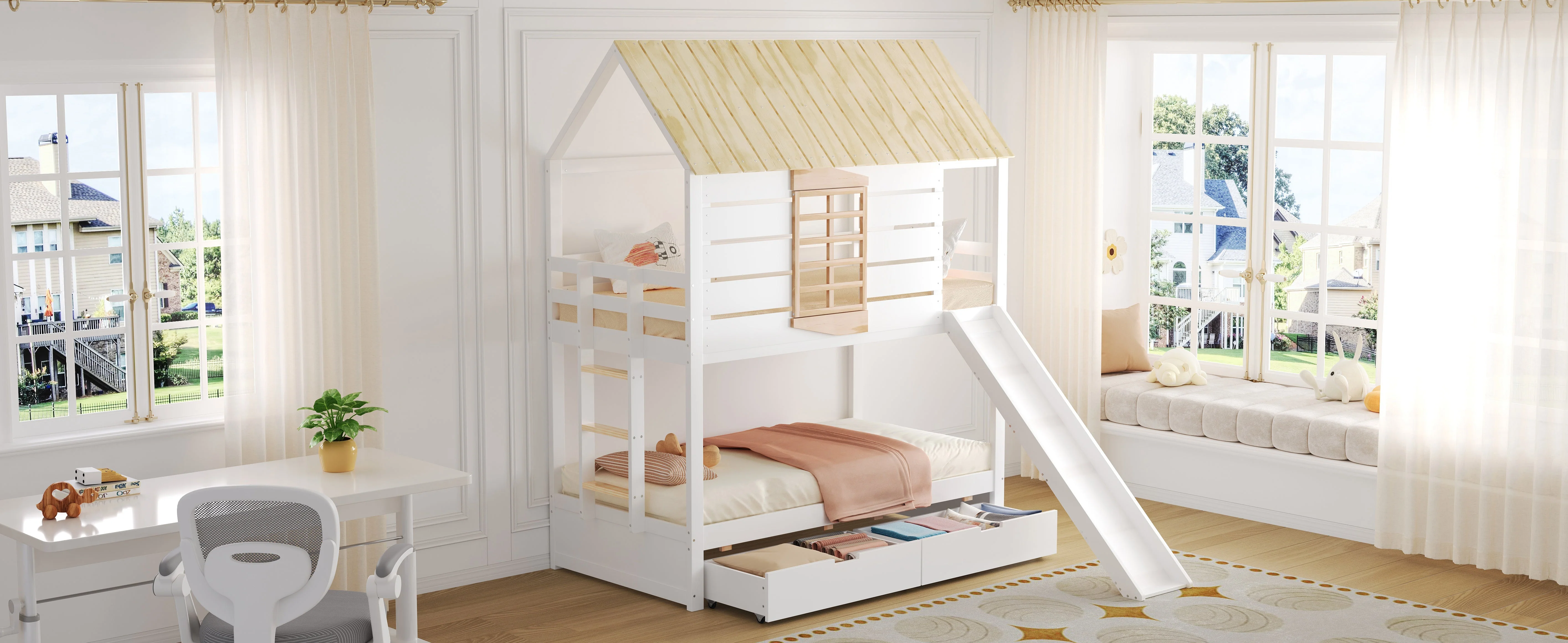 House Bunk Bed with Slide and 2 Storage Drawers, 90x200cm, White and Natural - Image 7