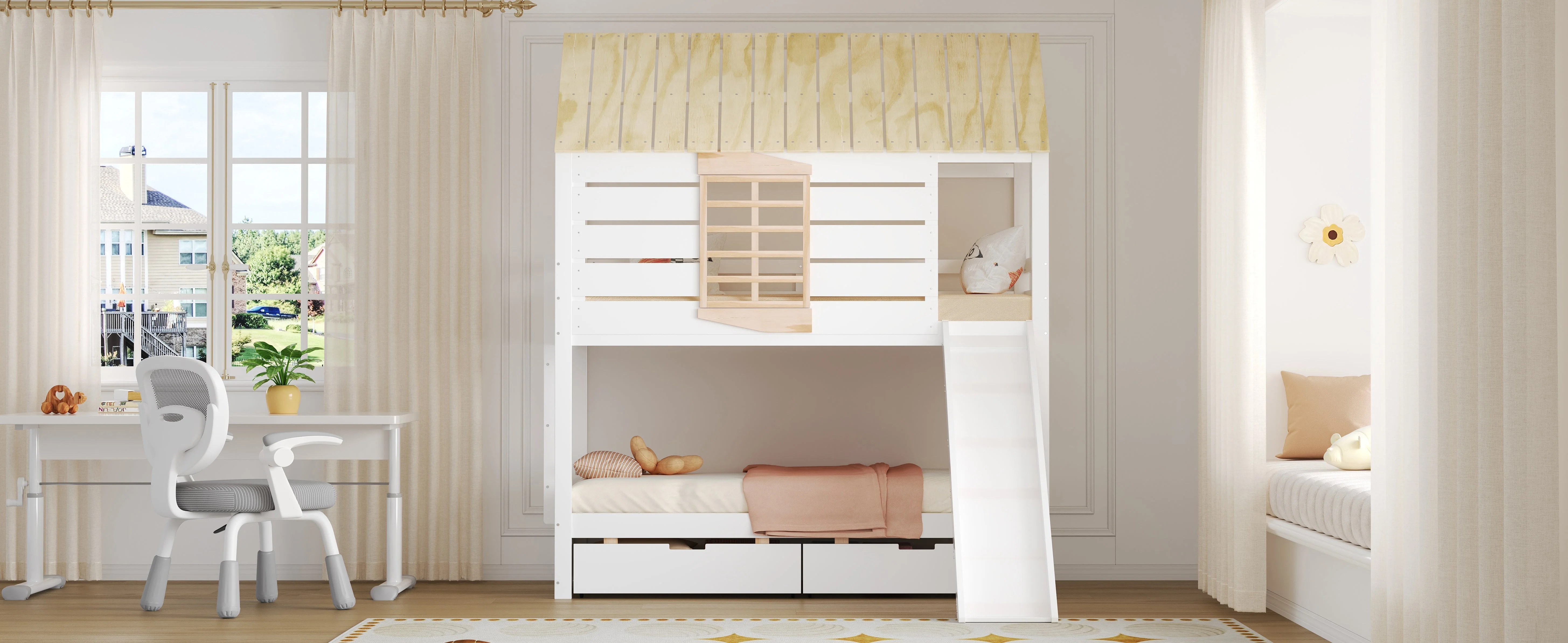 House Bunk Bed with Slide and 2 Storage Drawers, 90x200cm, White and Natural - Image 9