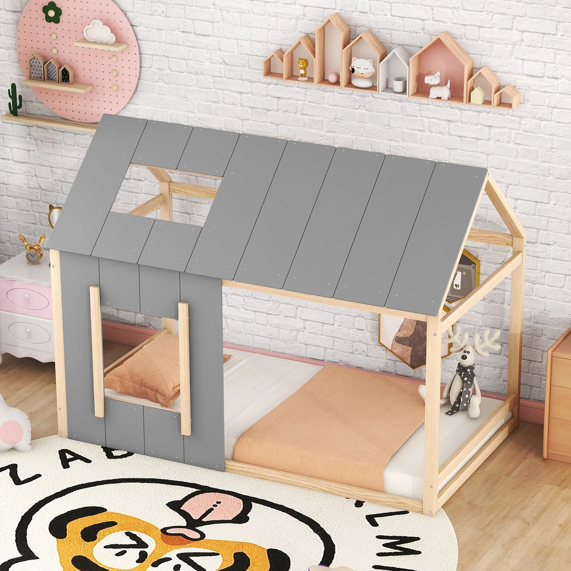 House Children's Bed 90x200cm with Roof and Window - Natural/Grey - Image 3