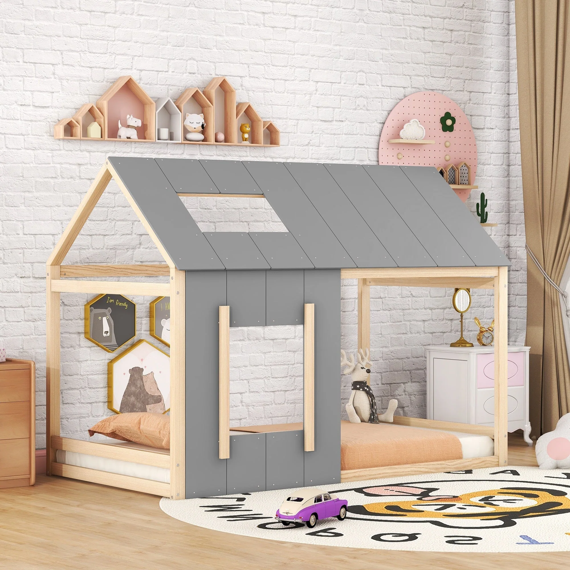 House Children's Bed 90x200cm with Roof and Window - Natural/Grey - Image 4