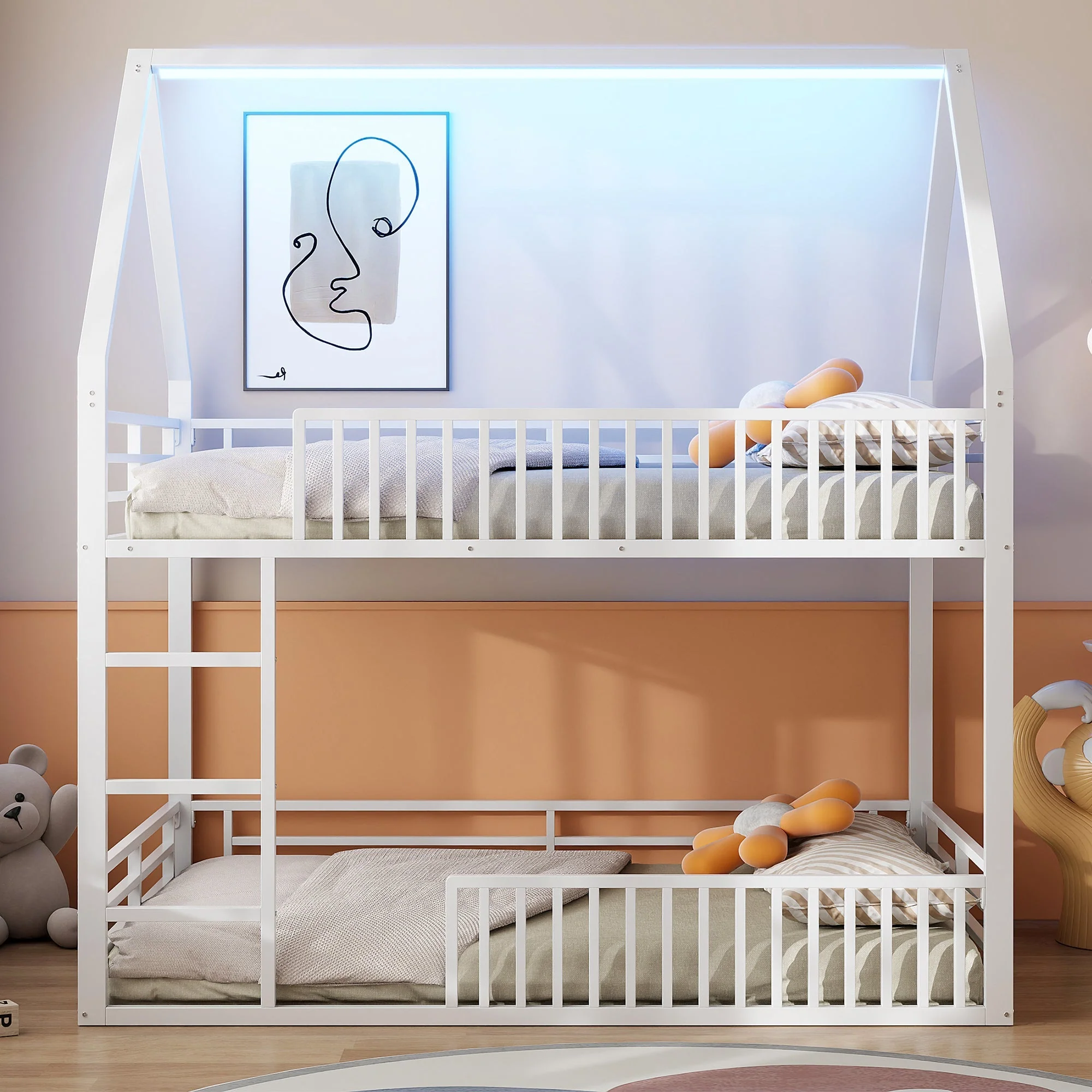 House-Shaped Bunk Bed with Fence and LED Light, 140x200cm, White - Image 4