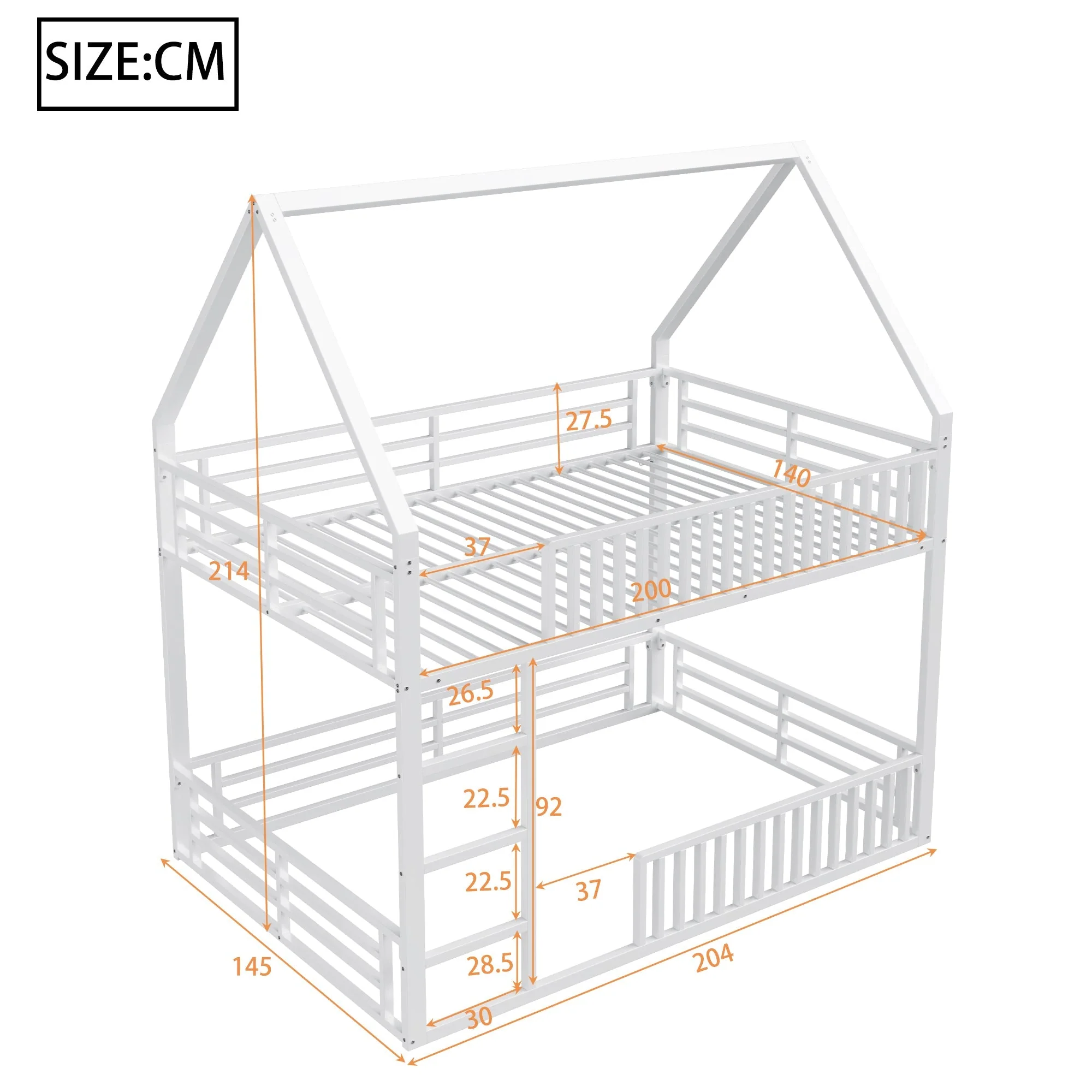 House-Shaped Bunk Bed with Fence and LED Light, 140x200cm, White - Image 5