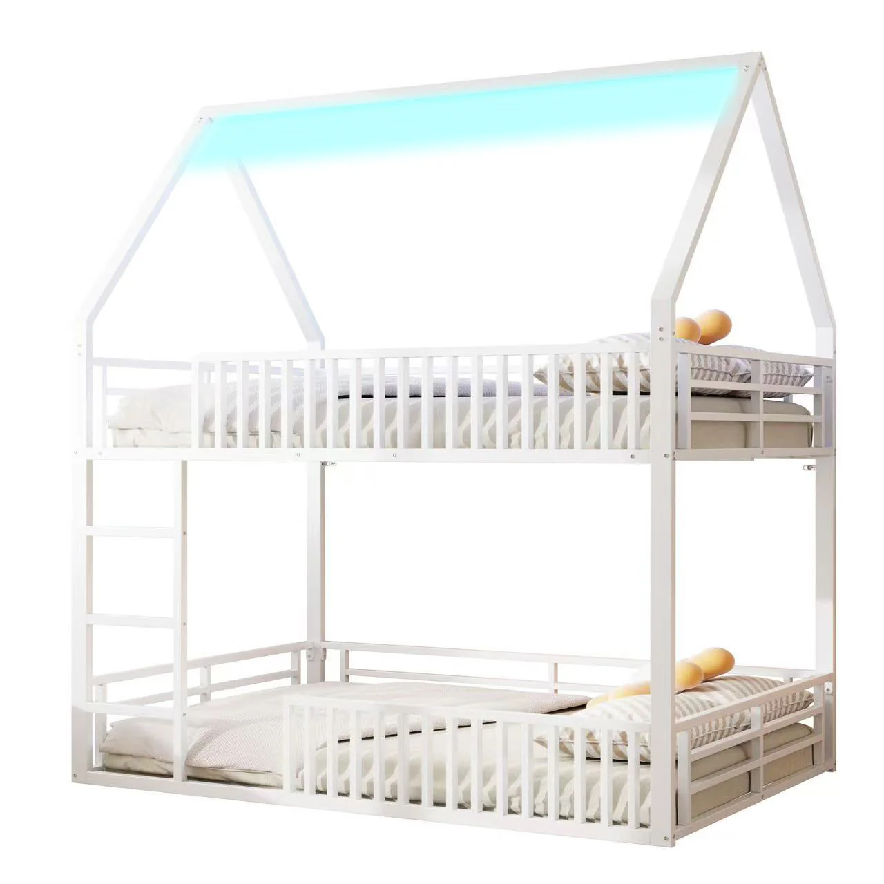 House-Shaped Bunk Bed with Fence and LED Light, 140x200cm, White - Image 6