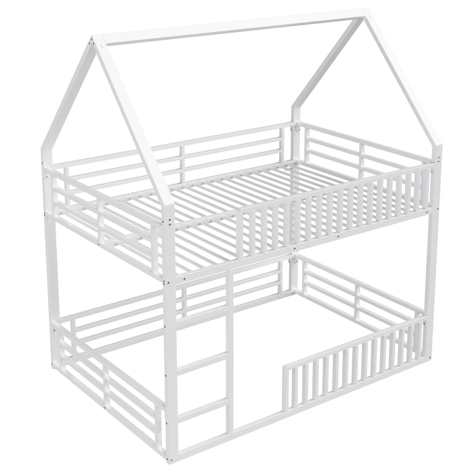 House-Shaped Bunk Bed with Fence and LED Light, 140x200cm, White - Image 7