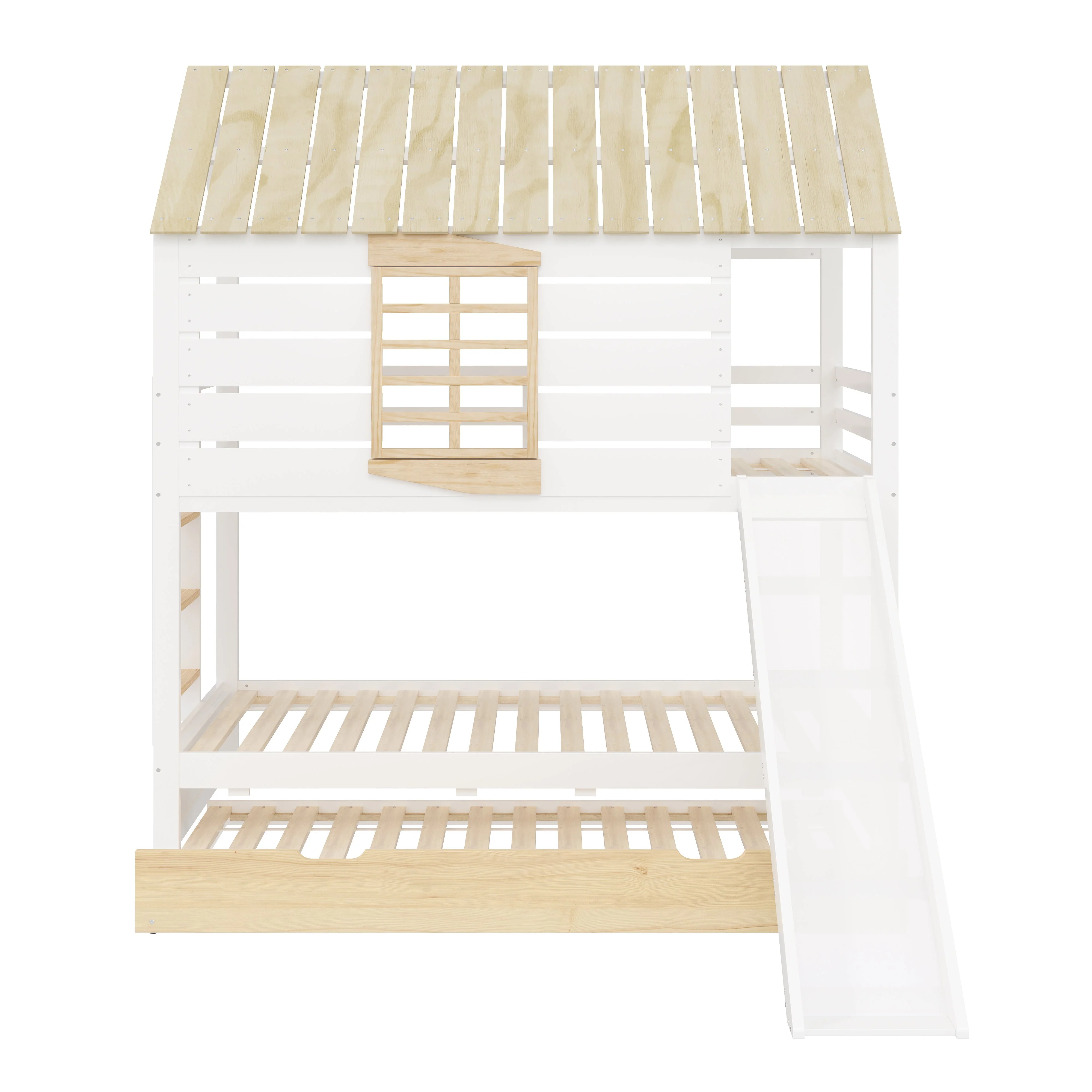 House-Shaped Bunk Bed with Slide and Pull-Out Bed, 90x200, White and Natural Pine - Image 10