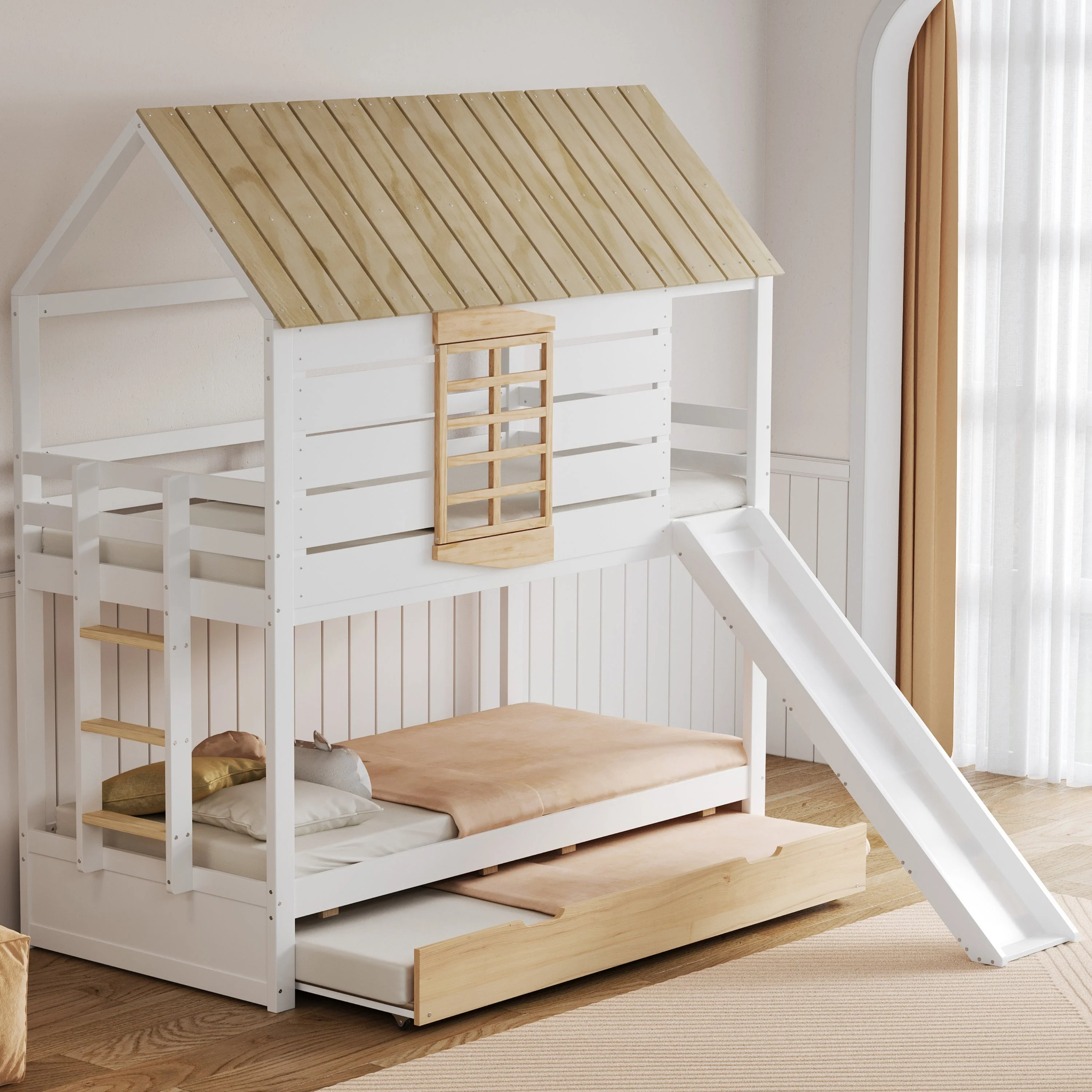 House-Shaped Bunk Bed with Slide and Pull-Out Bed, 90x200, White and Natural Pine - Image 2