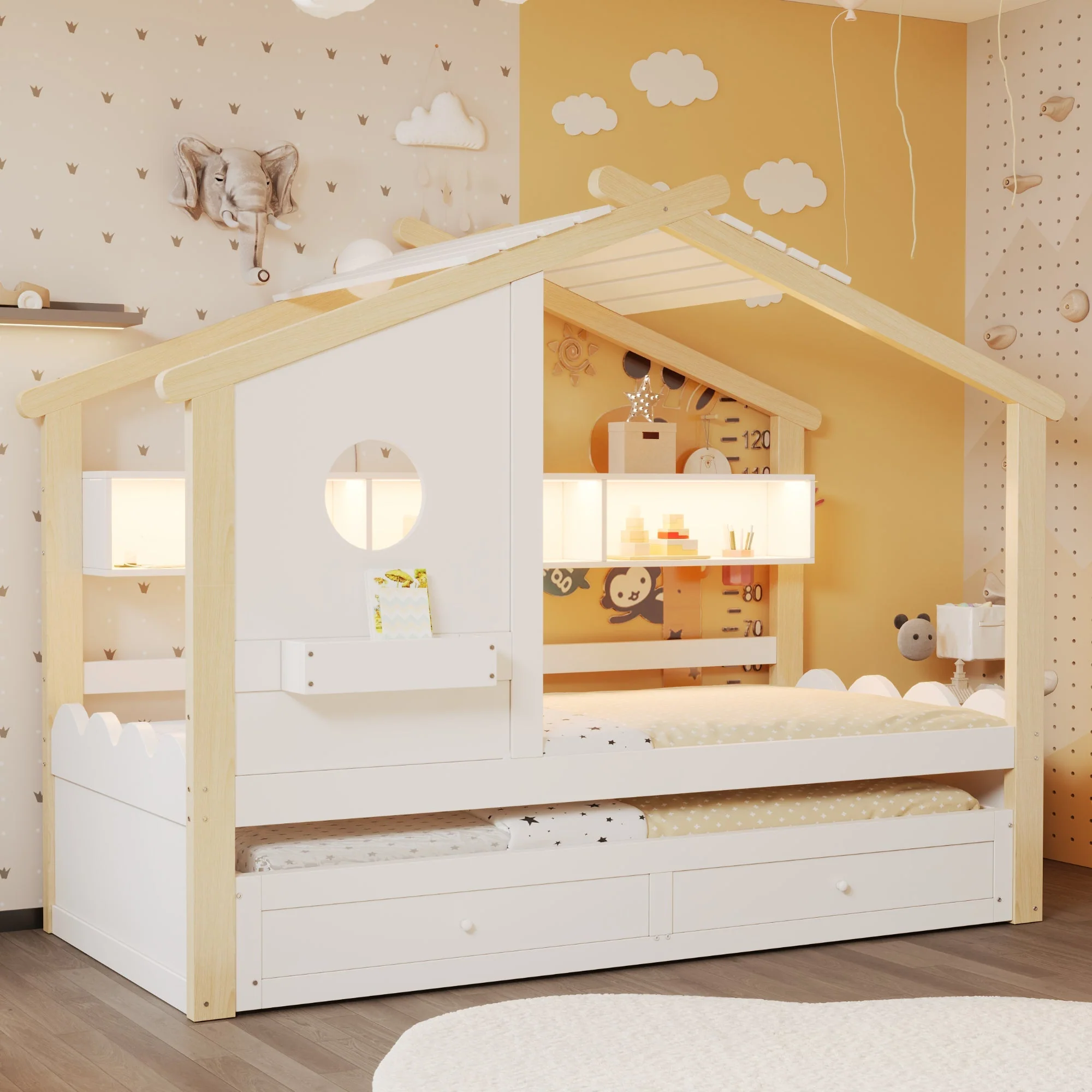House-Shaped Children's Bed with Pull-out Bed, Drawers, USB, LED and Shelves, 90x200cm, White and Raw Wood - Image 6