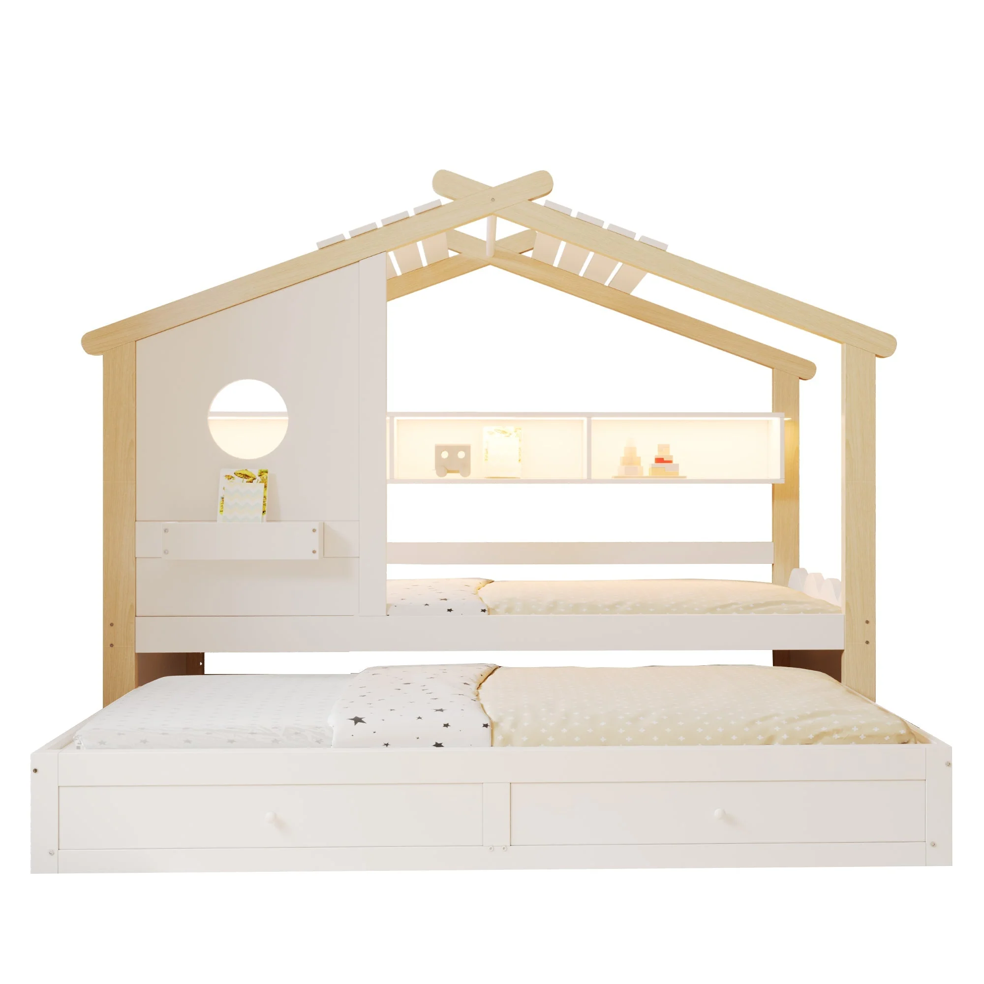 House-Shaped Children's Bed with Pull-out Bed, Drawers, USB, LED and Shelves, 90x200cm, White and Raw Wood - Image 9