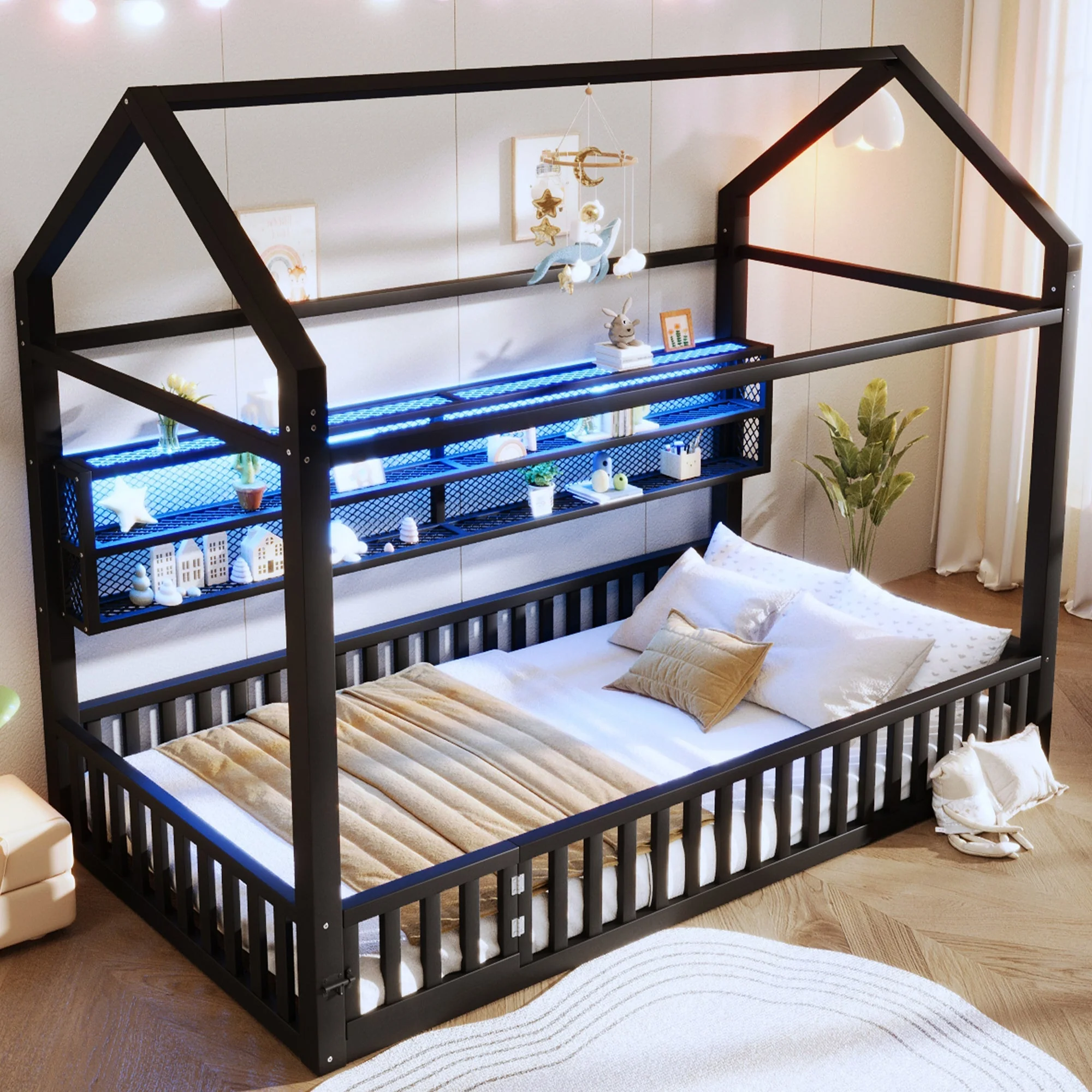 House-shaped Platform Bed 90x200 with Fence LED Lighting Black - Image 3
