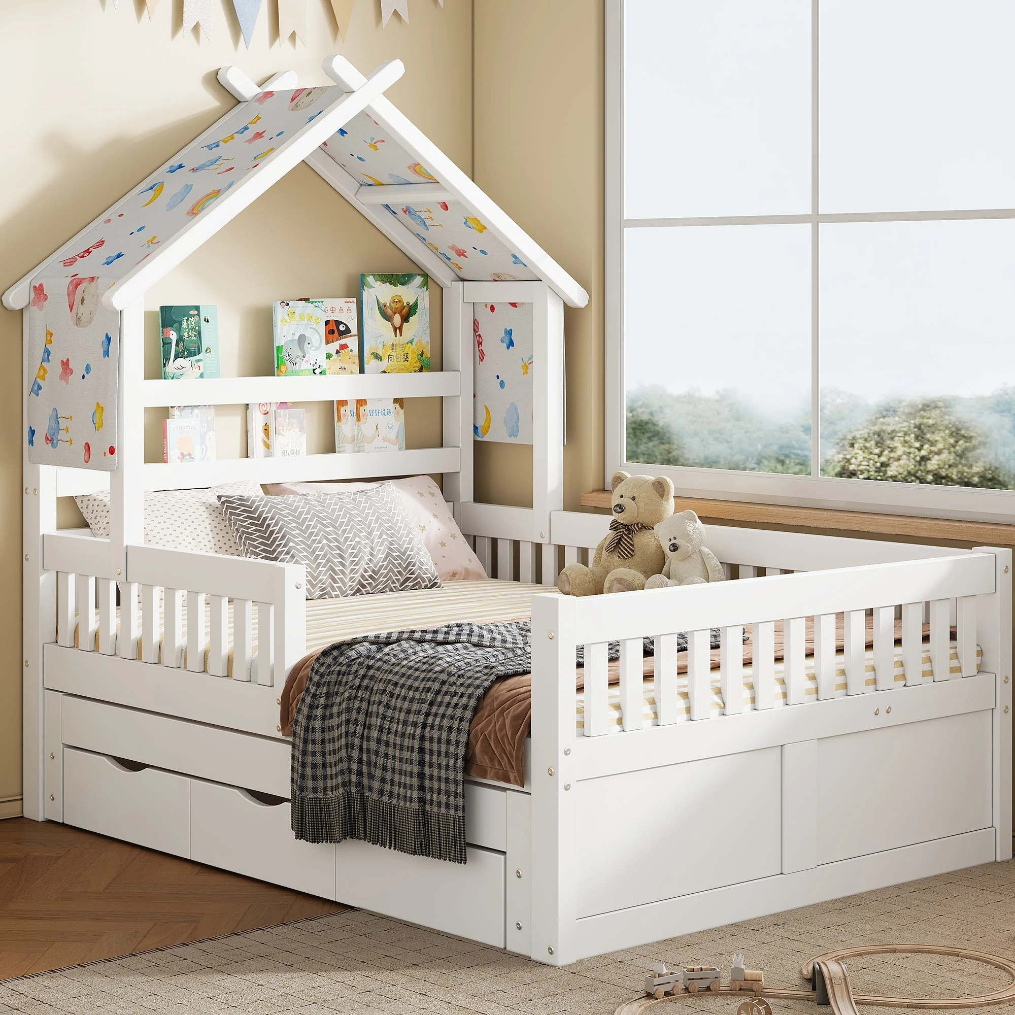 House-Shaped Platform Bed with Pull-out Bed, 3 Drawers and Safety Rails, 140x200cm, White Wood - Image 3