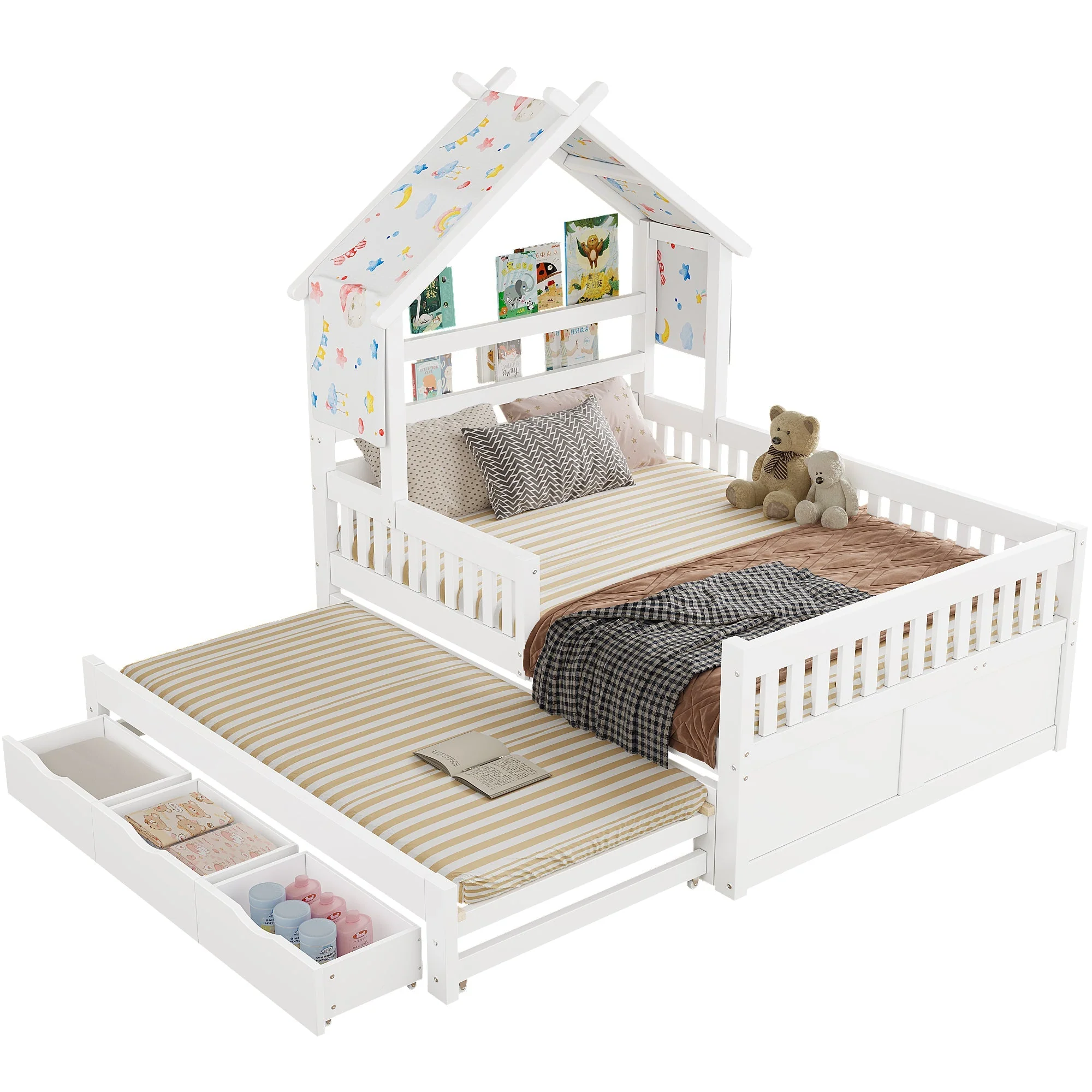 House-Shaped Platform Bed with Pull-out Bed, 3 Drawers and Safety Rails, 140x200cm, White Wood - Image 4