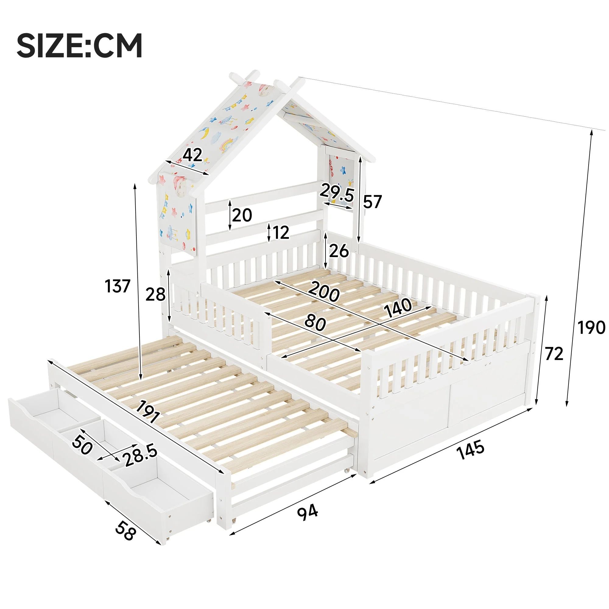 House-Shaped Platform Bed with Pull-out Bed, 3 Drawers and Safety Rails, 140x200cm, White Wood - Image 5