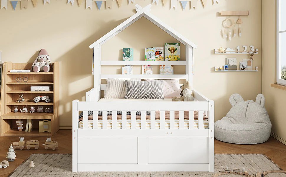House-Shaped Platform Bed with Pull-out Bed, 3 Drawers and Safety Rails, 140x200cm, White Wood - Image 6