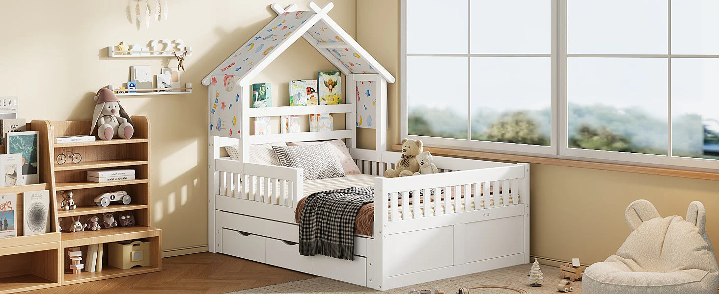 House-Shaped Platform Bed with Pull-out Bed, 3 Drawers and Safety Rails, 140x200cm, White Wood - Image 7