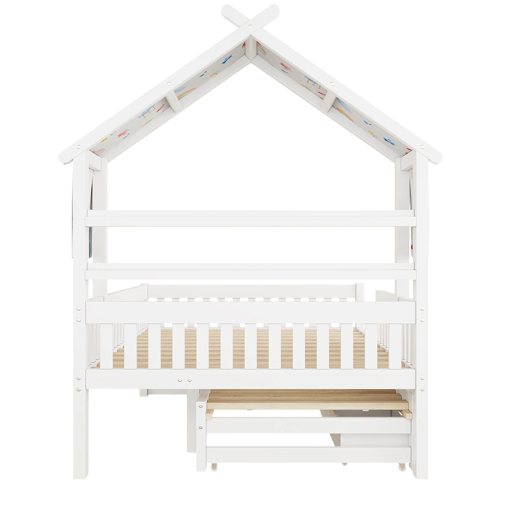 House-Shaped Platform Bed with Pull-out Bed, 3 Drawers and Safety Rails, 140x200cm, White Wood - Image 9