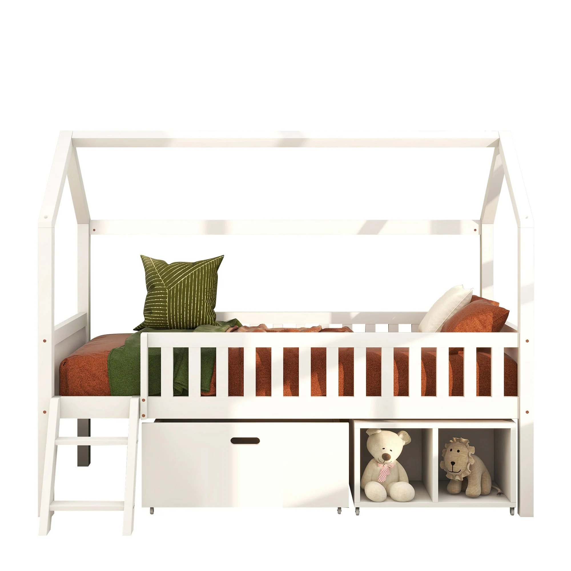Household Bed, Children's Teen Bed, 90x190cm with Drawers, Storage, Anti-Fall Railings, White - Image 6