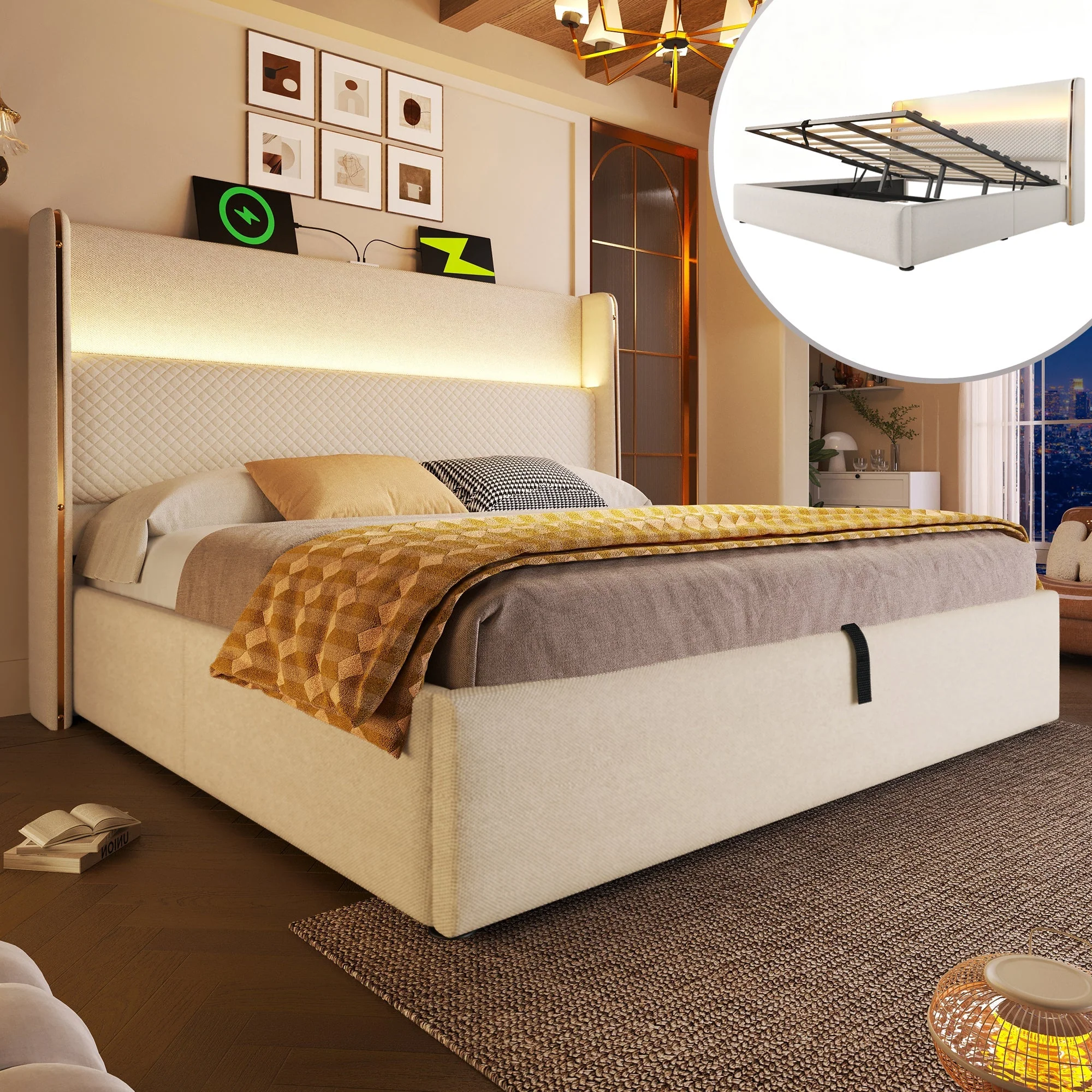 Hydraulic Bed 160x200cm, High Headboard LED Storage USB/Type-C, Linen Look Beige