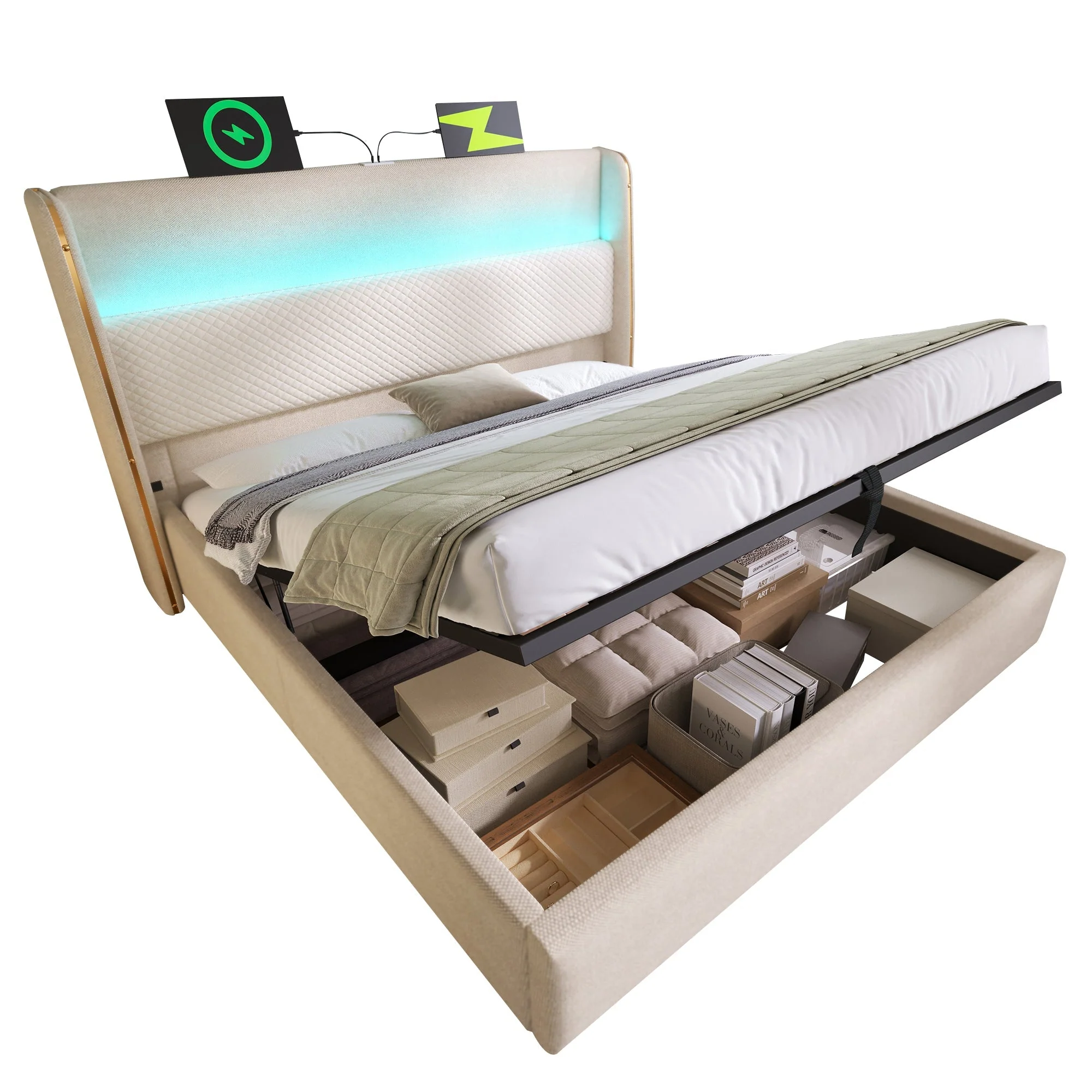 Hydraulic Bed 160x200cm, High Headboard LED Storage USB/Type-C, Linen Look Beige - Image 7