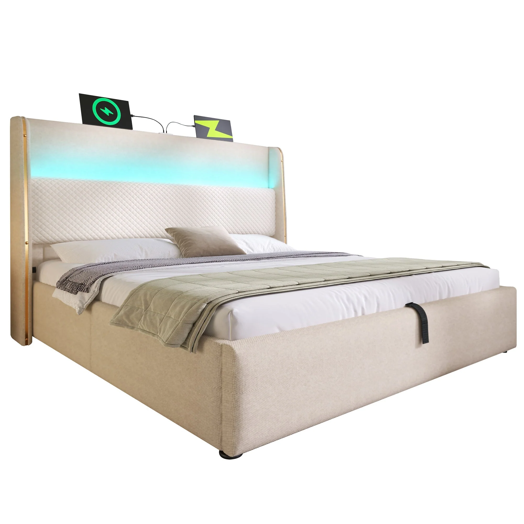 Hydraulic Bed 160x200cm, High Headboard LED Storage USB/Type-C, Linen Look Beige - Image 8