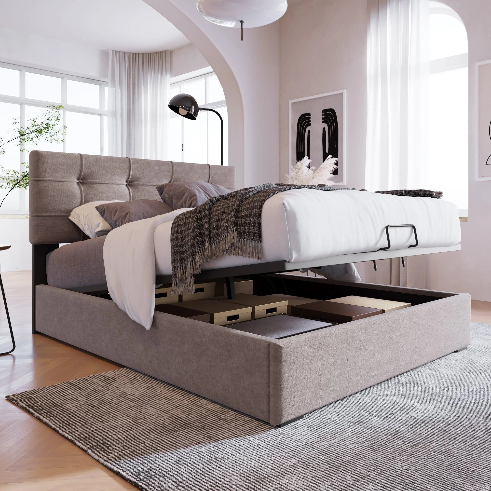 Hydraulic Bed, 90x200cm, Adjustable Headboard, Storage, Light Grey Velvet - Image 2
