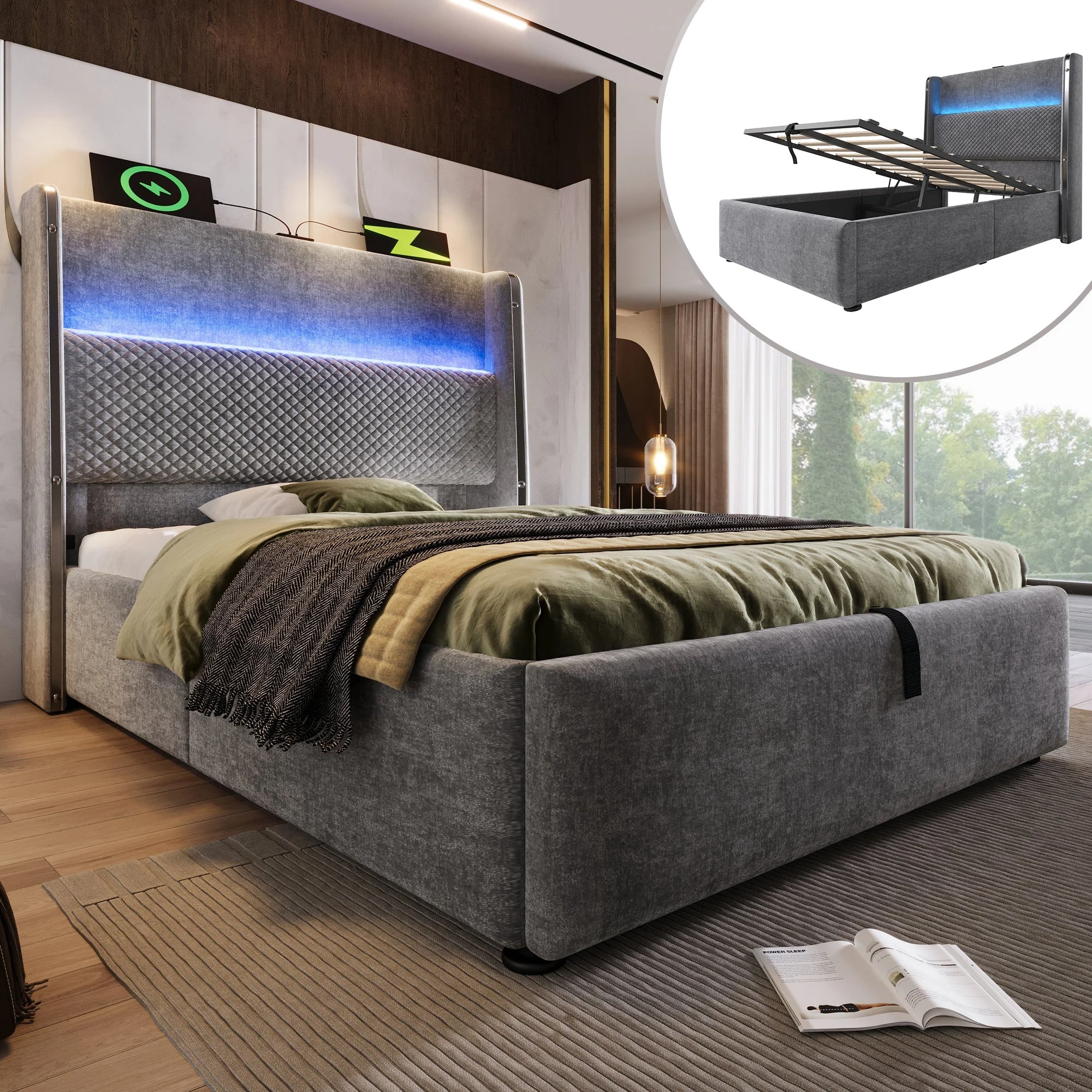 Hydraulic Bed 90x200cm Single, High Headboard, LED, Storage, USB/Type-C, Linen Look Grey