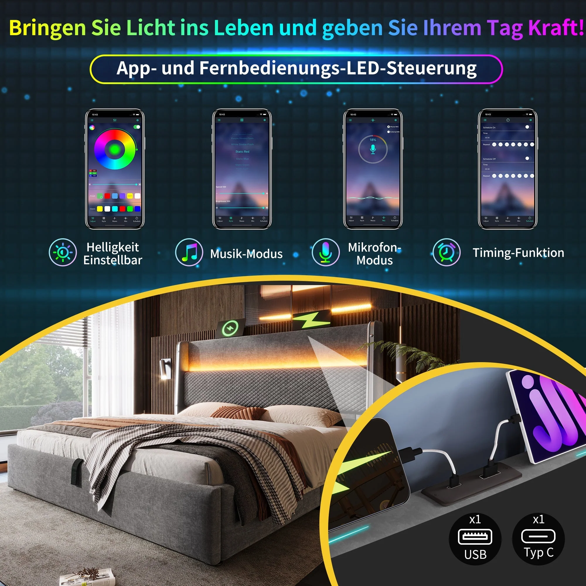Hydraulic Bed 90x200cm Single, High Headboard, LED, Storage, USB/Type-C, Linen Look Grey - Image 3