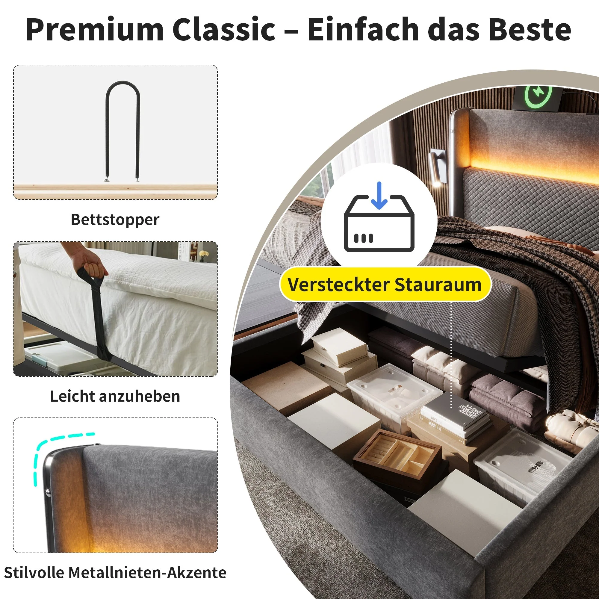 Hydraulic Bed 90x200cm Single, High Headboard, LED, Storage, USB/Type-C, Linen Look Grey - Image 4