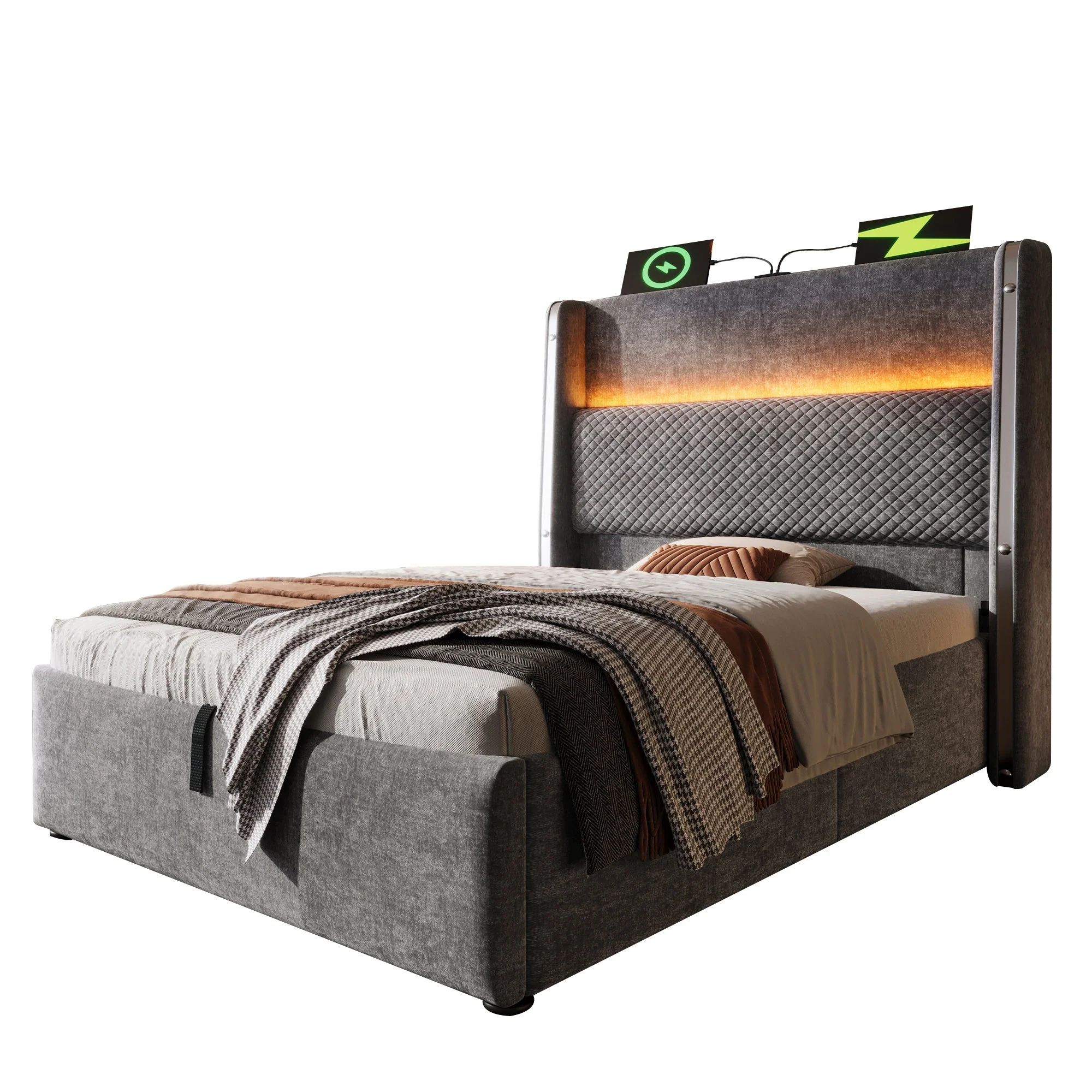 Hydraulic Bed 90x200cm Single, High Headboard, LED, Storage, USB/Type-C, Linen Look Grey - Image 8