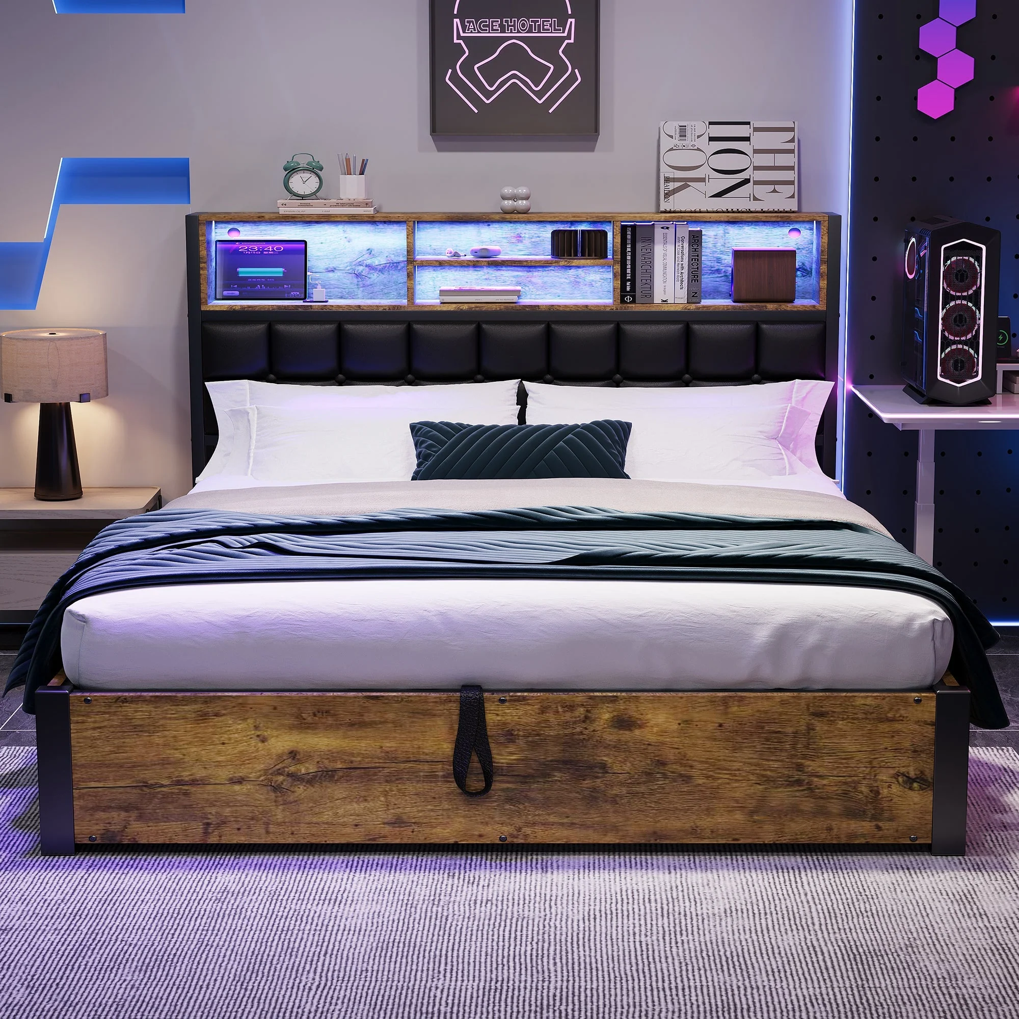 Hydraulic Bed with Charging Port, LED Light & Storage, 4ft6 Double, Black + Wood - Image 2
