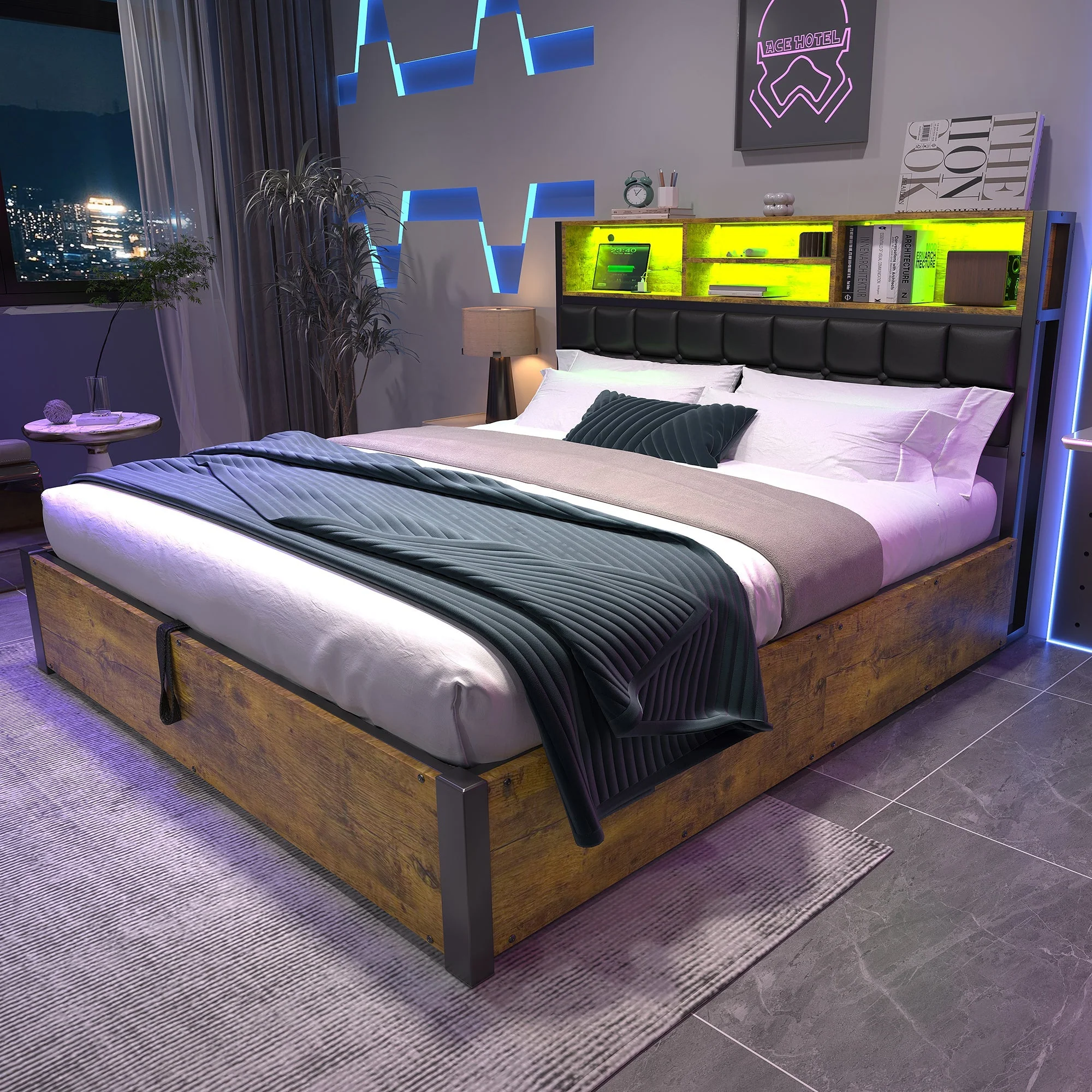Hydraulic Bed with Charging Port, LED Light & Storage, 4ft6 Double, Black + Wood - Image 3