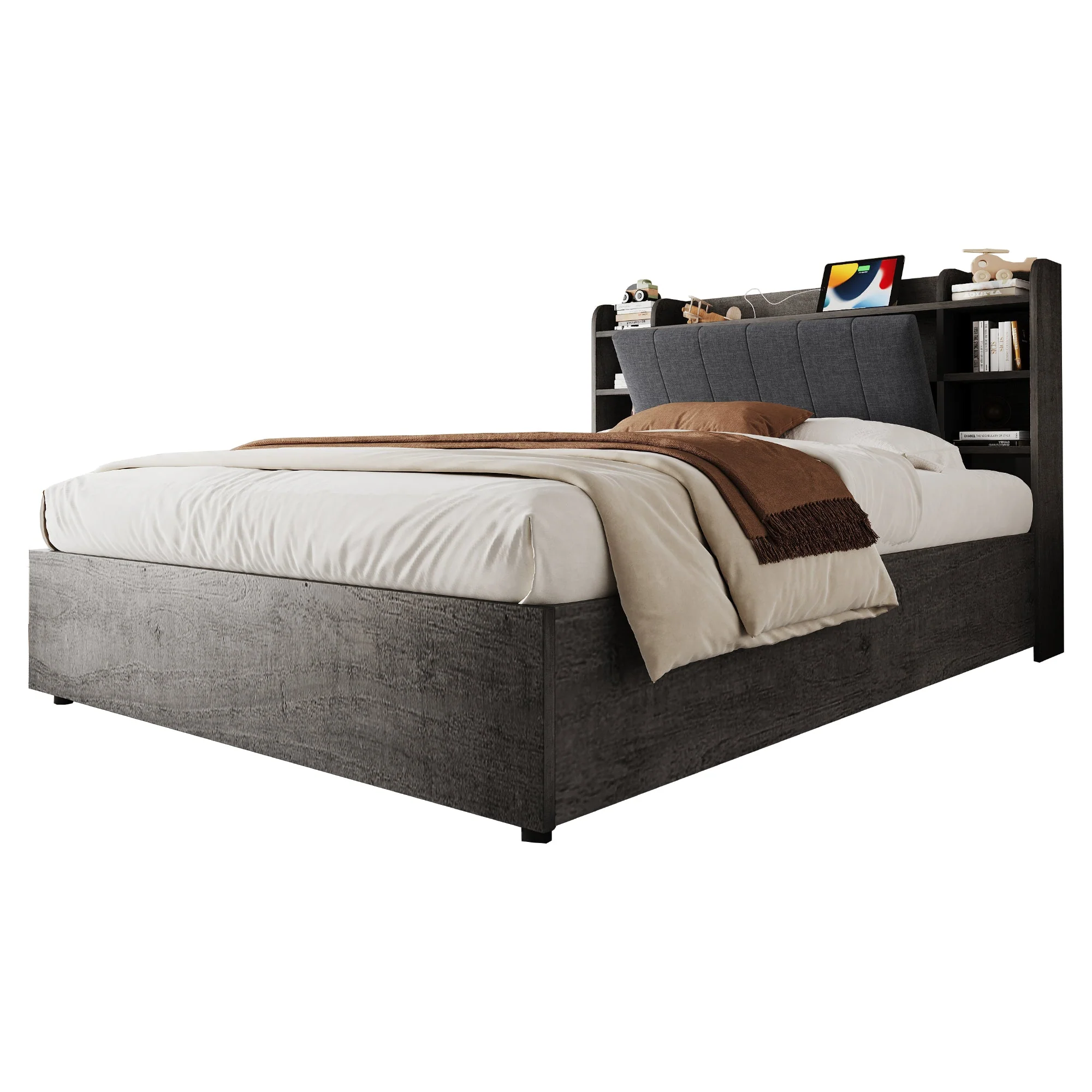 Hydraulic Bed with Storage Headboard and USB Charging, 180x200cm, Grey Wood - Image 6