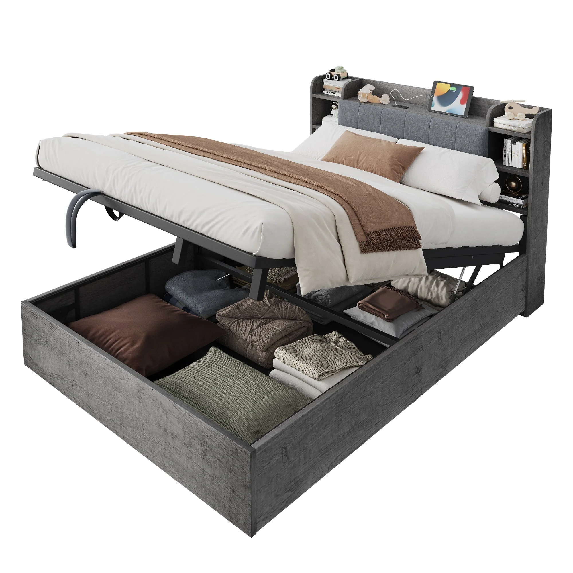 Hydraulic Bed with Storage Headboard and USB Charging, 180x200cm, Grey Wood - Image 7