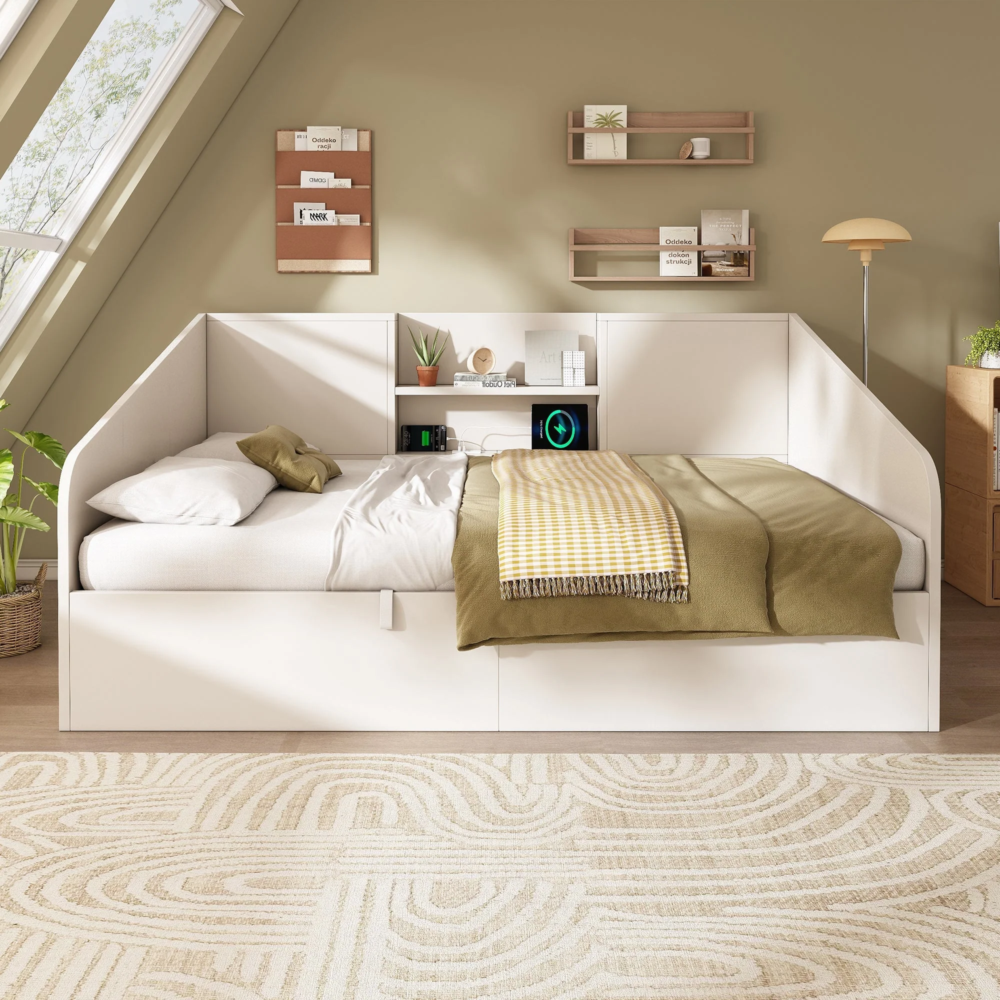 Hydraulic Daybed 140x190cm Double Bed Storage USB/Type-C Charging White Wood - Image 10