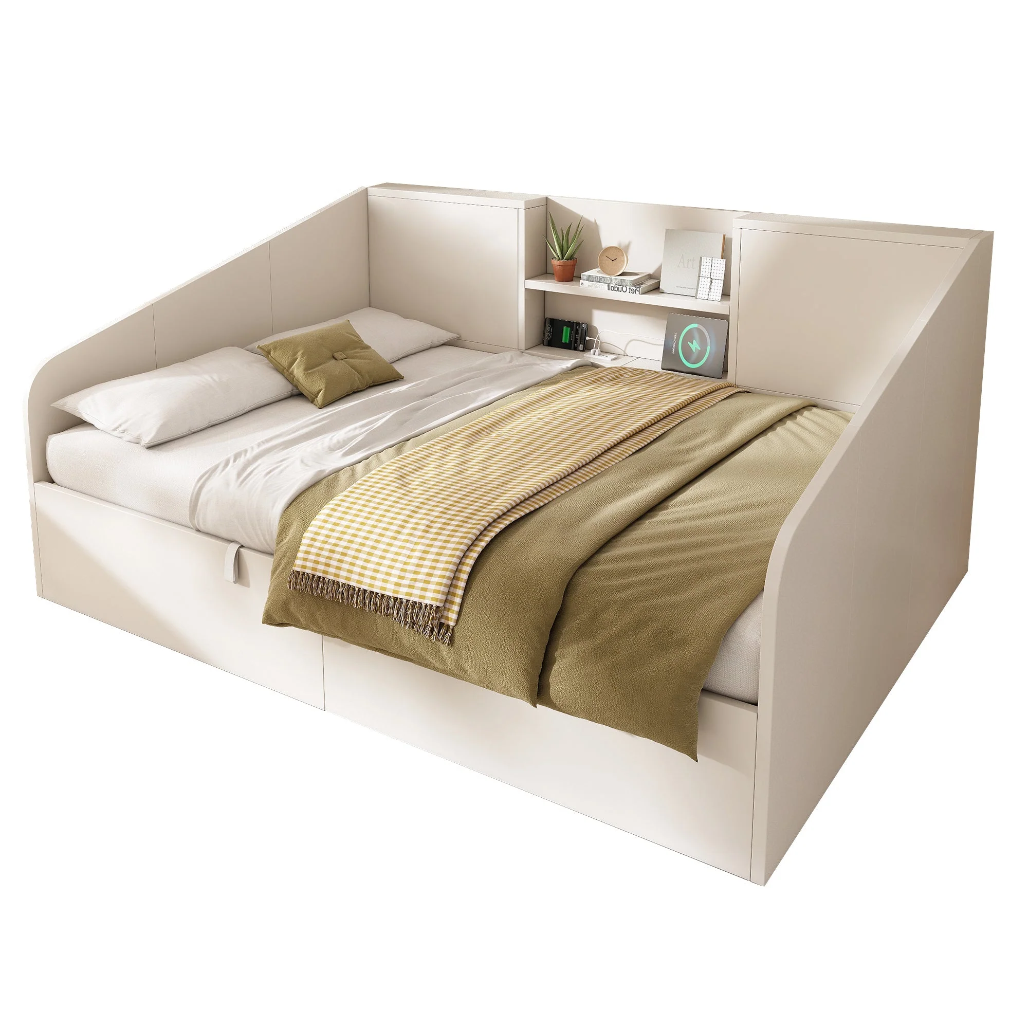 Hydraulic Daybed 140x190cm Double Bed Storage USB/Type-C Charging White Wood - Image 6