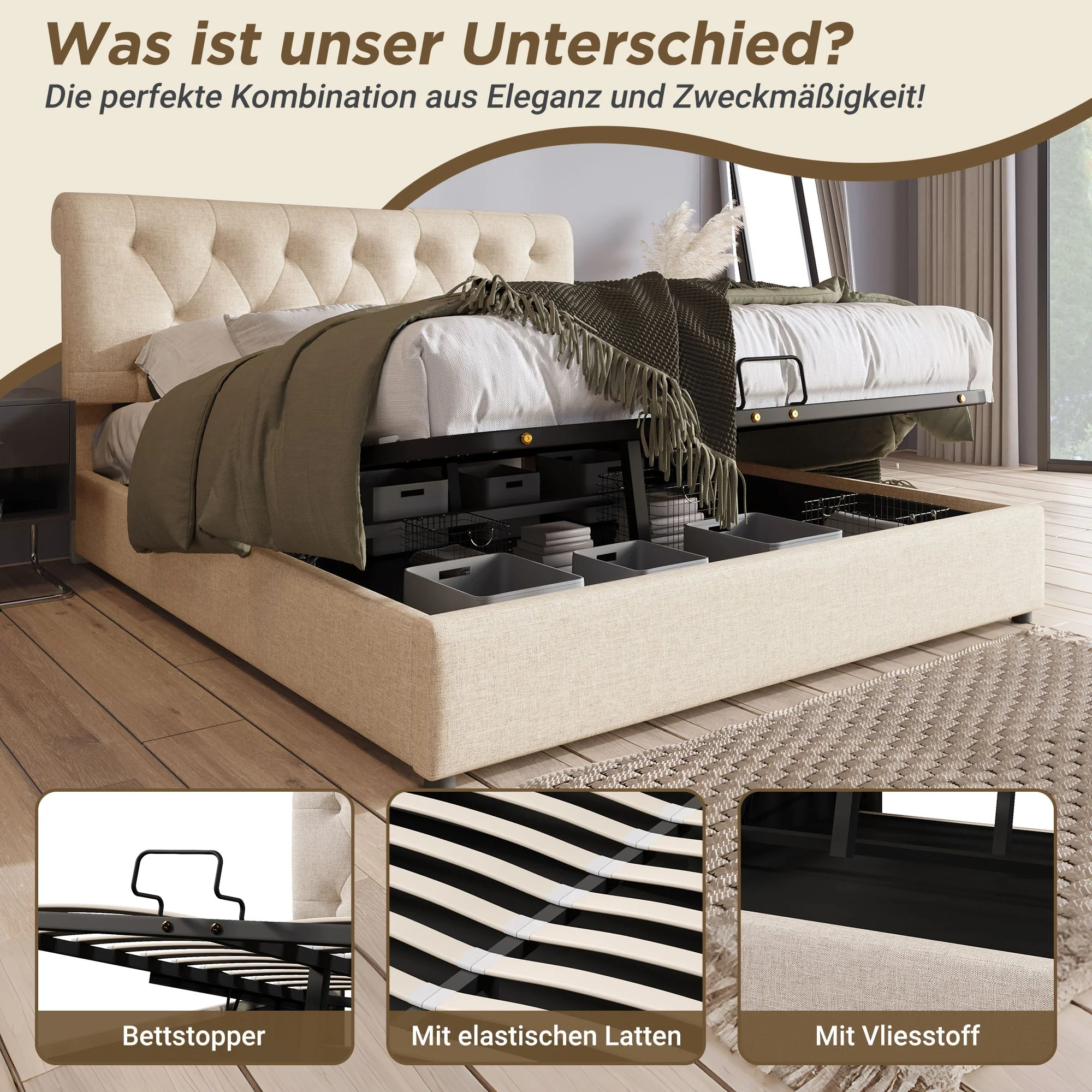 Hydraulic Double Bed, 160x200cm Upholstered with Storage, Natural - Image 6