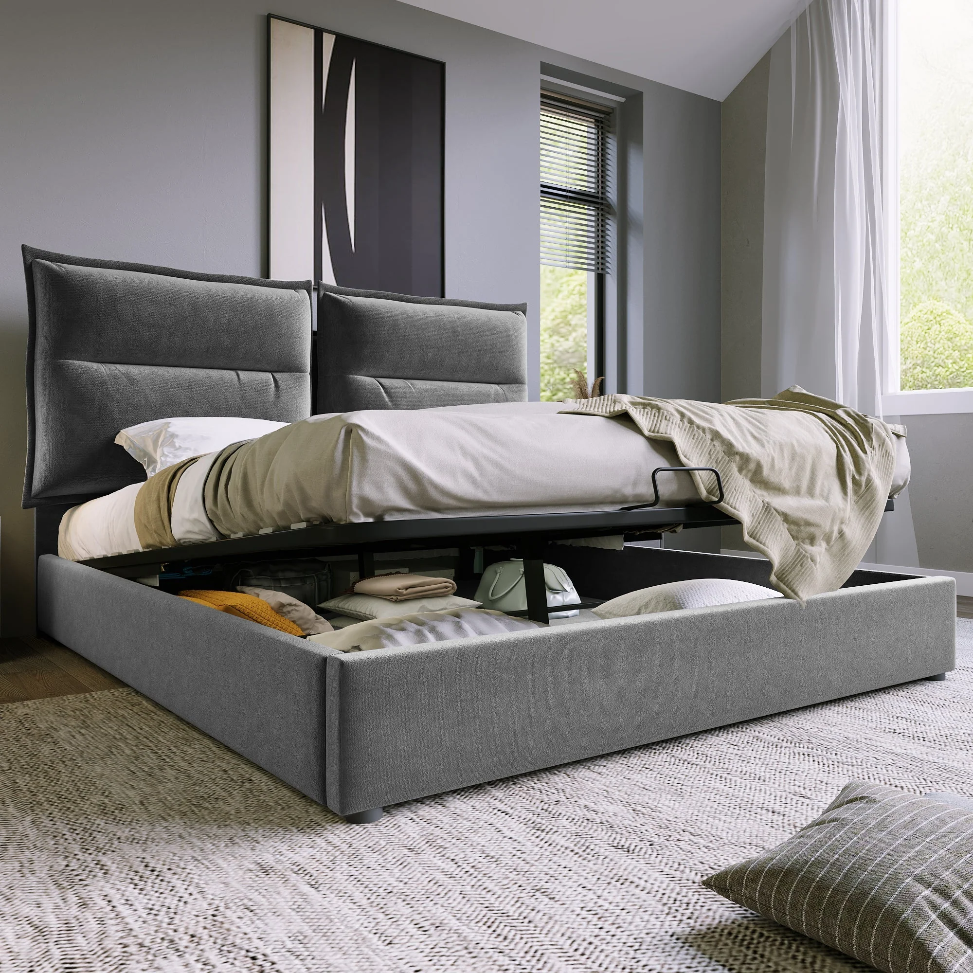 Hydraulic Double Upholstered Bed 140x200cm, Adjustable Headboard, Metal Slatted Frame, Storage, Gray Velvet - Image 7