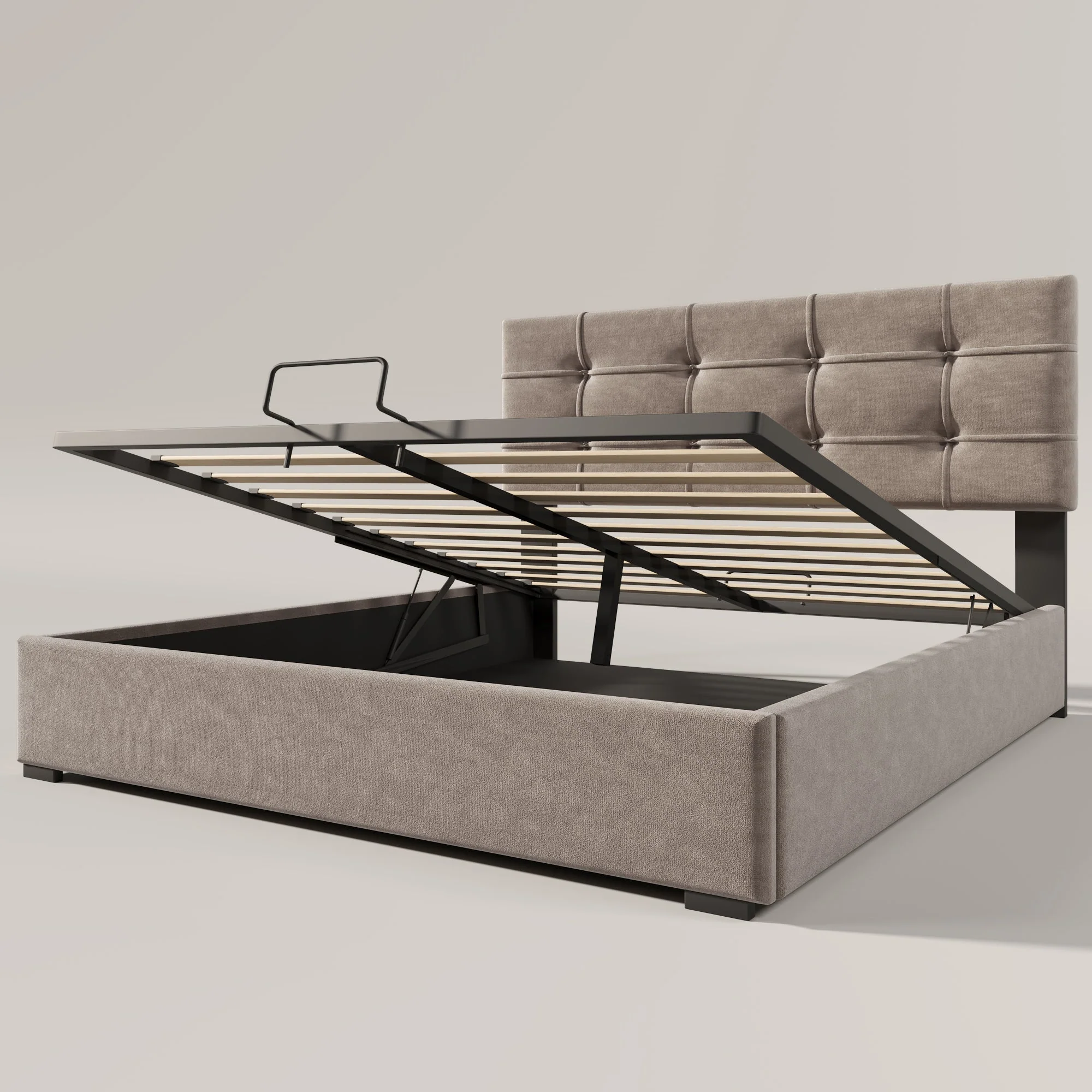 Hydraulic Double Upholstered Bed 140x200cm, Adjustable Headboard, Storage, Light Grey Velvet - Image 2