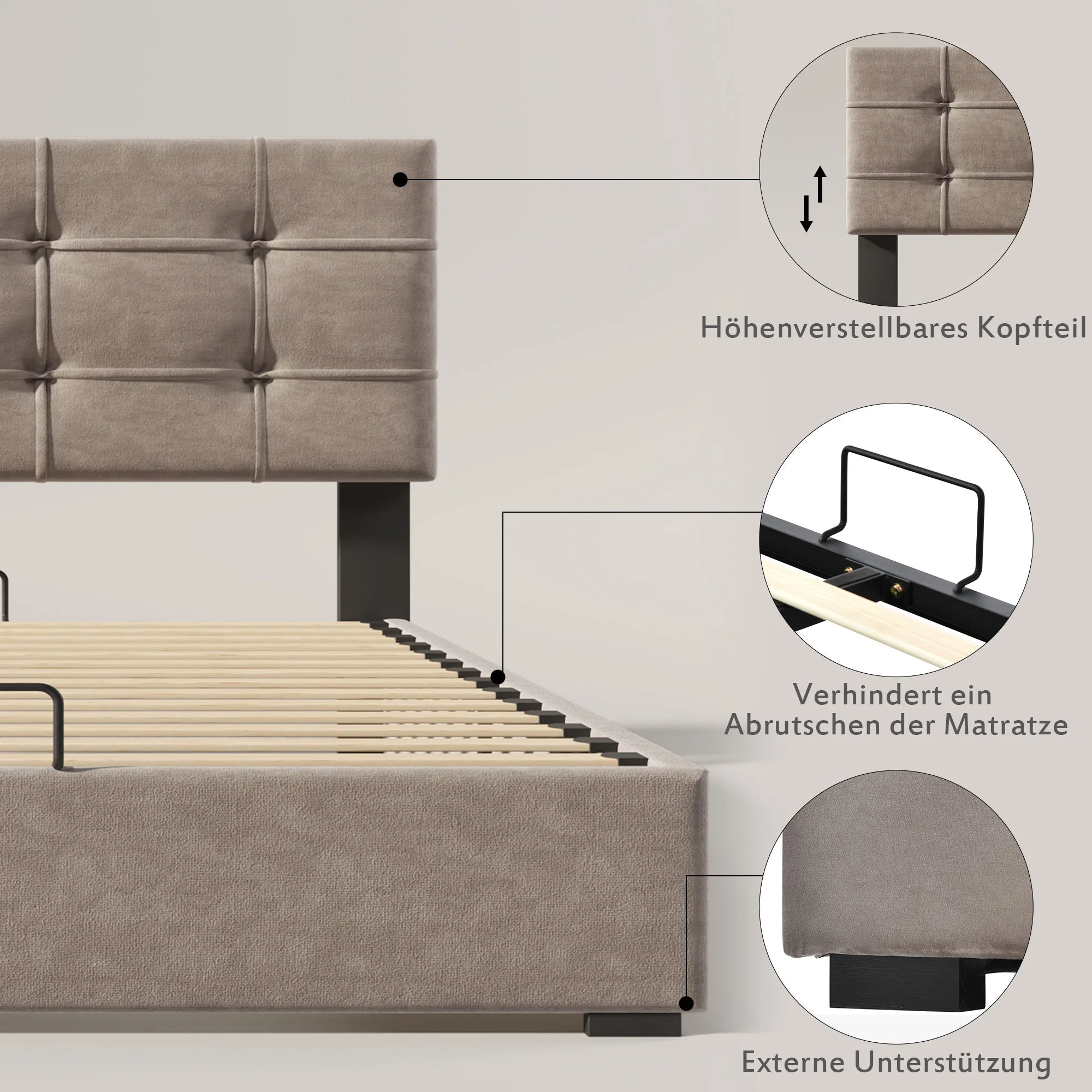 Hydraulic Double Upholstered Bed 140x200cm, Adjustable Headboard, Storage, Light Grey Velvet - Image 7